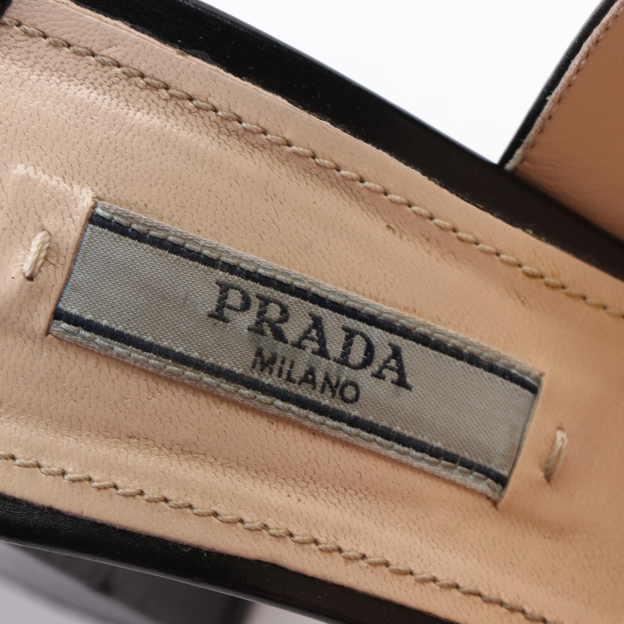 Prada Vitello Lux Leather Ankle Strap Block Heel Open-Toe Booties