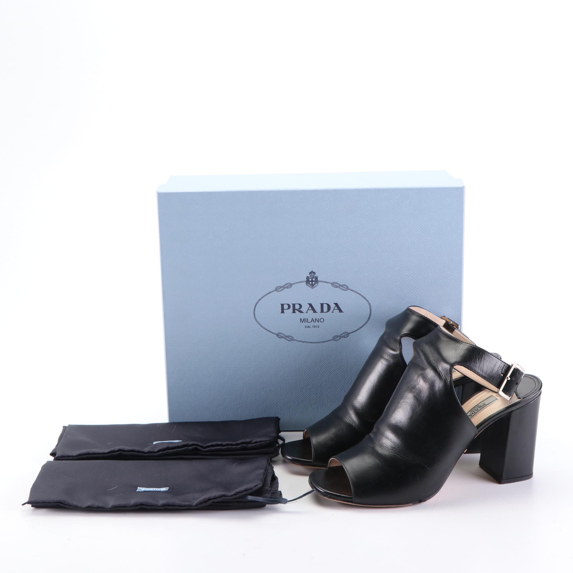 Prada Vitello Lux Leather Ankle Strap Block Heel Open-Toe Booties