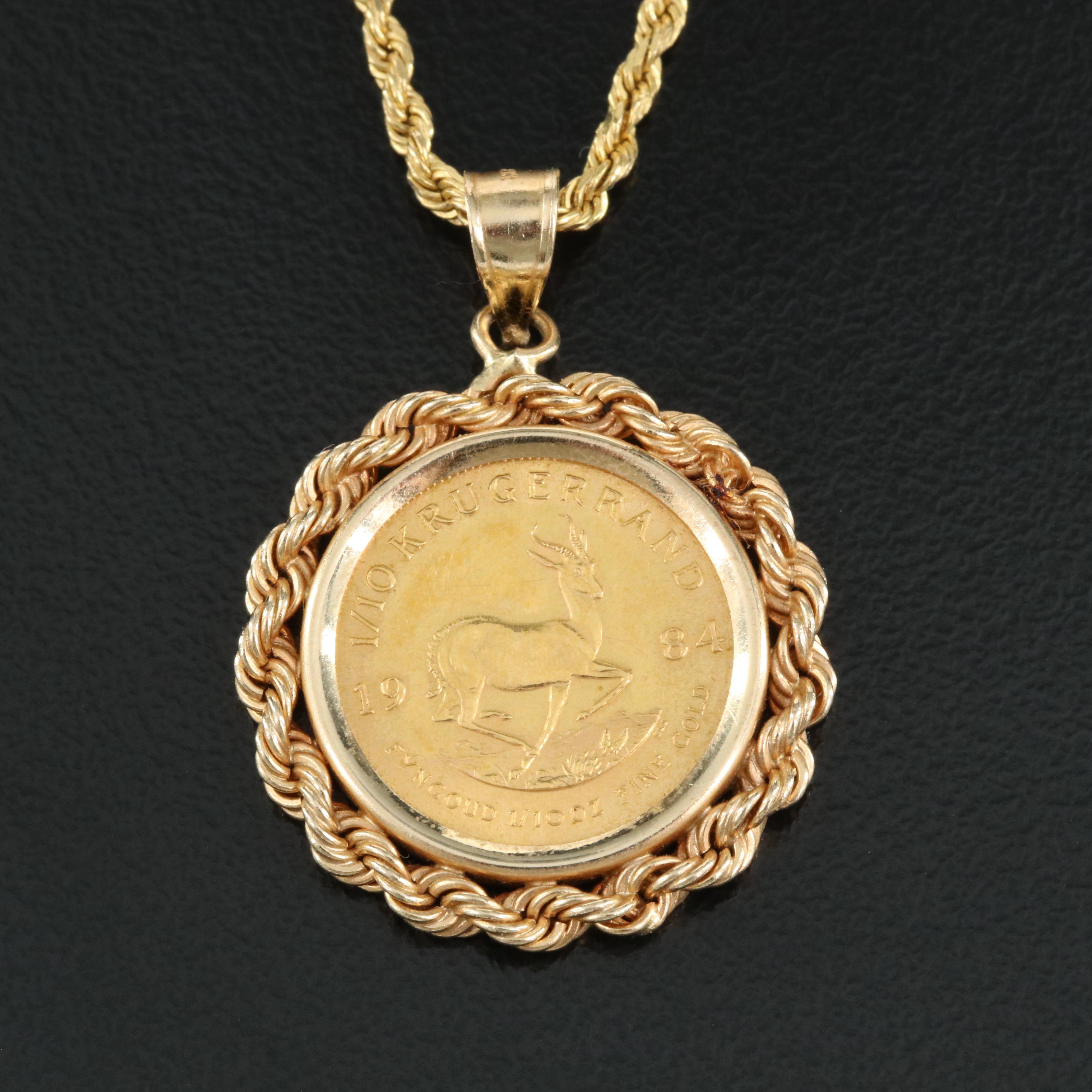 14K Necklace Holding a 1984 South African Gold Krugerrand Bullion Coin
