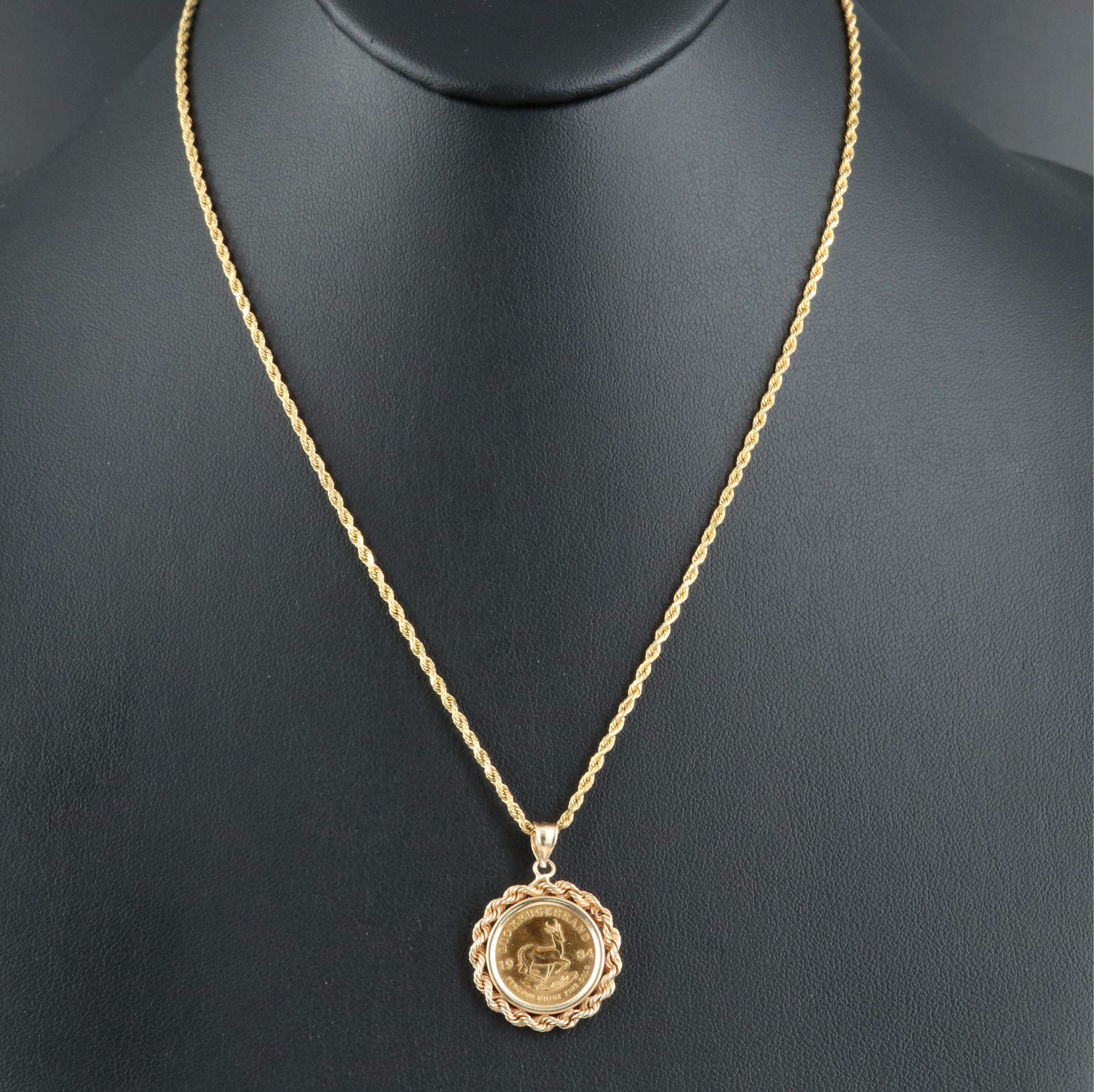 14K Necklace Holding a 1984 South African Gold Krugerrand Bullion Coin