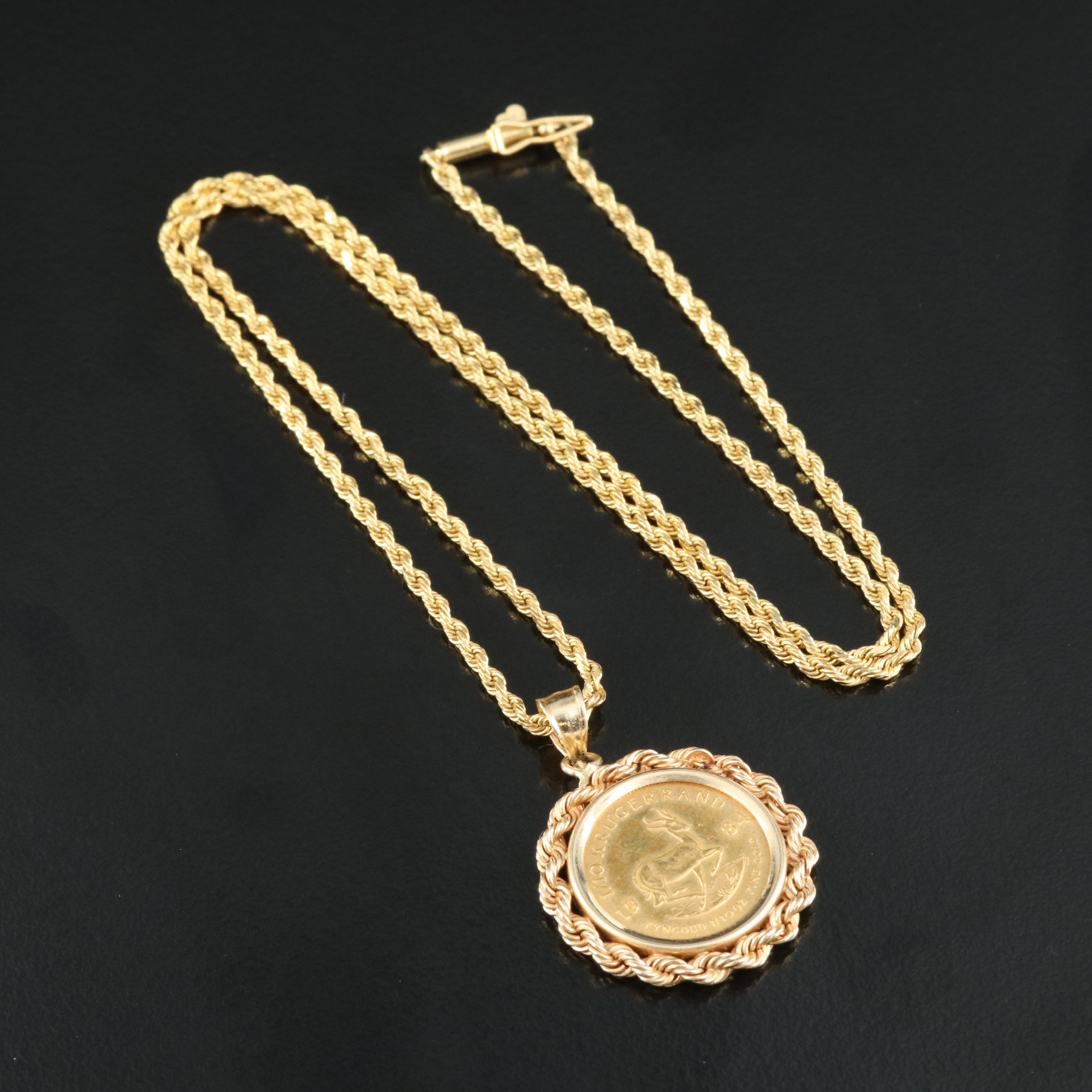 14K Necklace Holding a 1984 South African Gold Krugerrand Bullion Coin