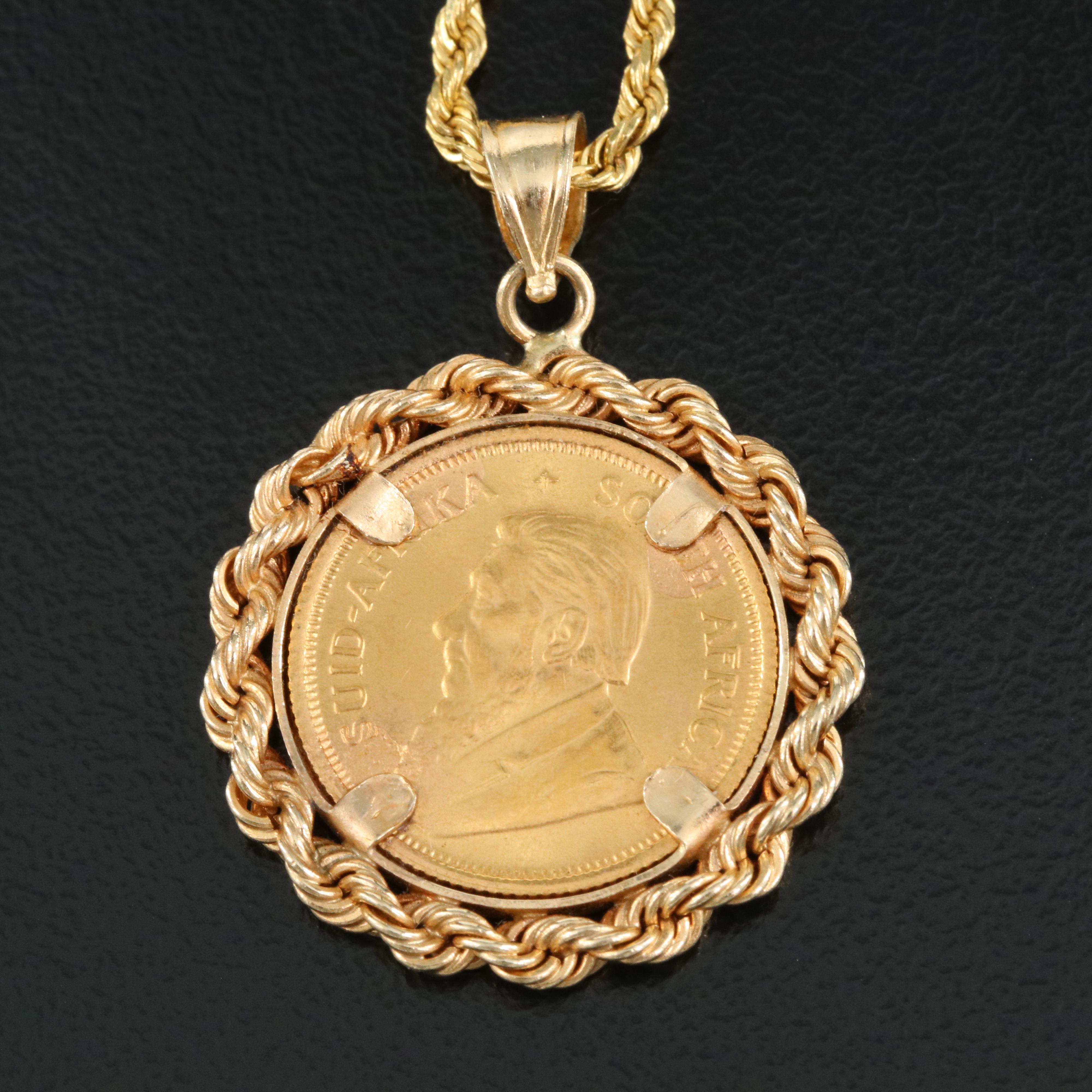 14K Necklace Holding a 1984 South African Gold Krugerrand Bullion Coin