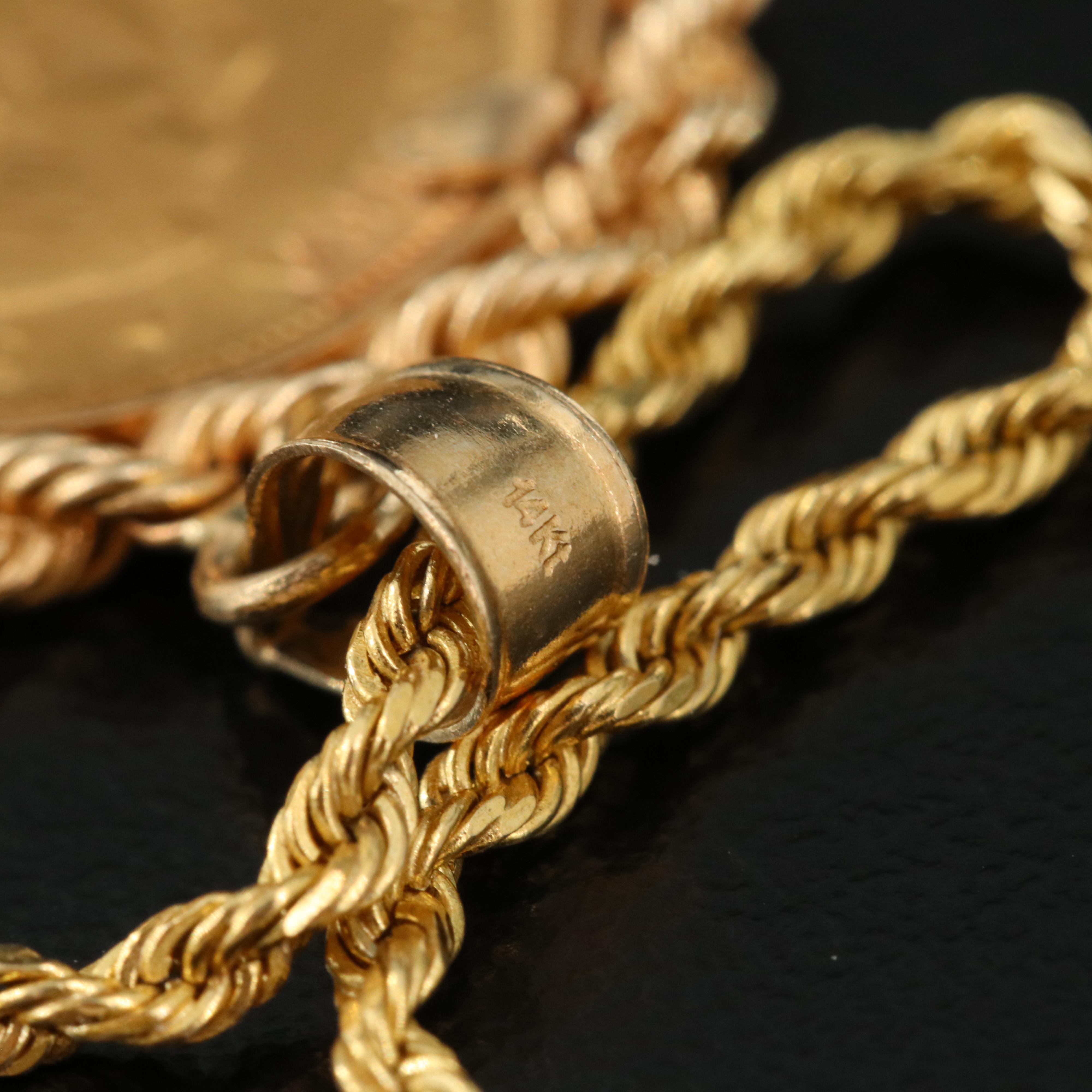 14K Necklace Holding a 1984 South African Gold Krugerrand Bullion Coin