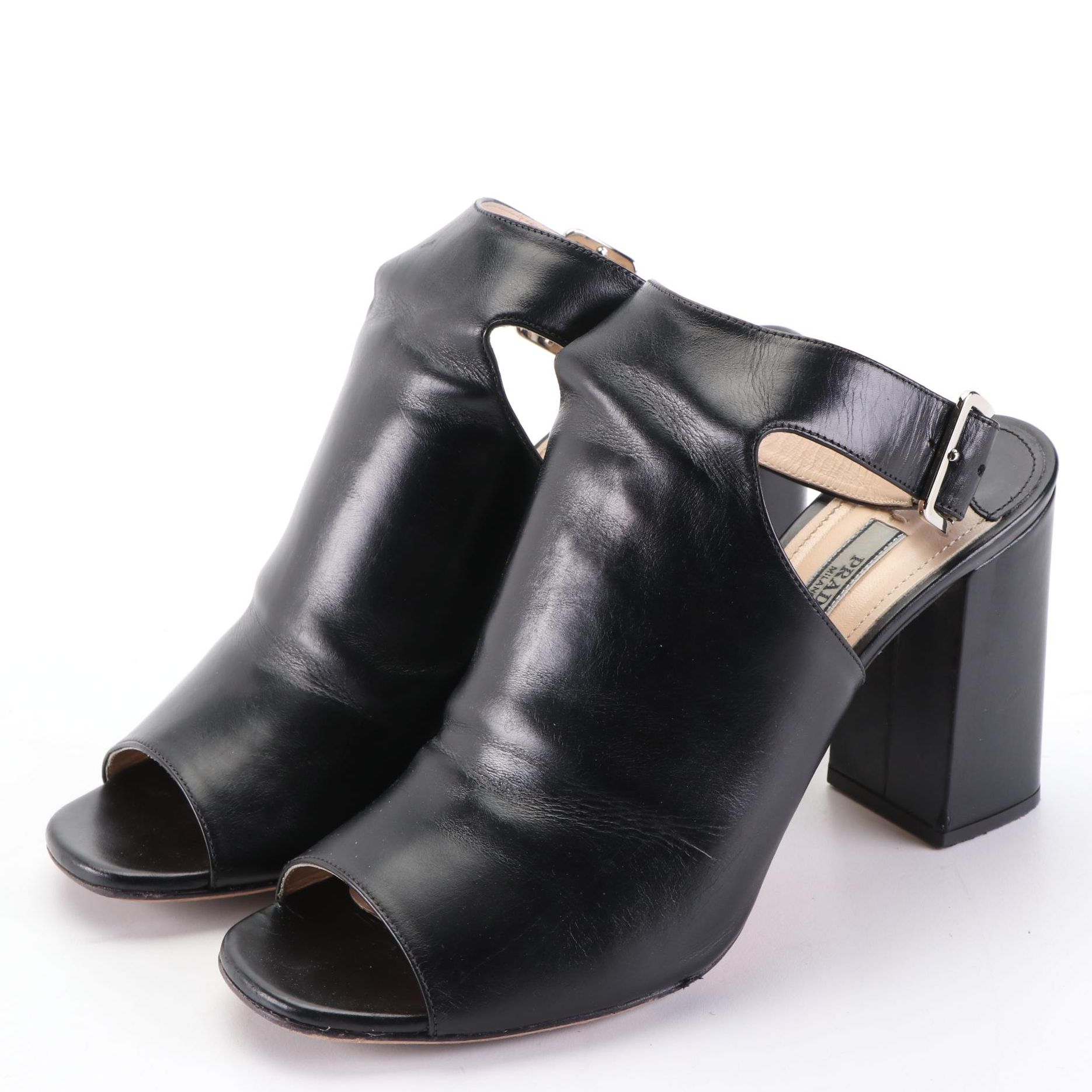 Prada Vitello Lux Leather Ankle Strap Block Heel Open-Toe Booties