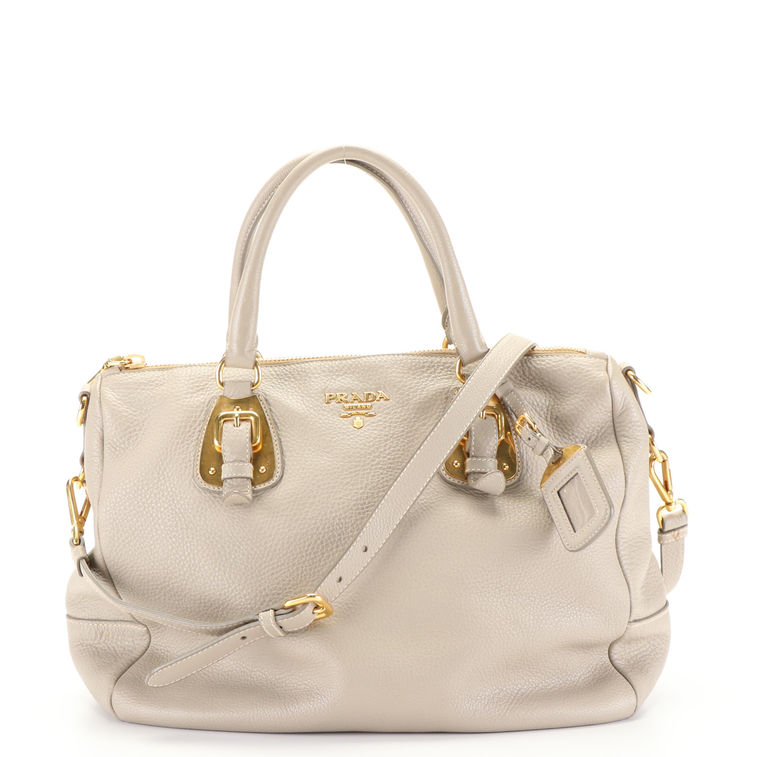 Prada Crossbody Bauletto Handbag in Taupe Calfskin Leather