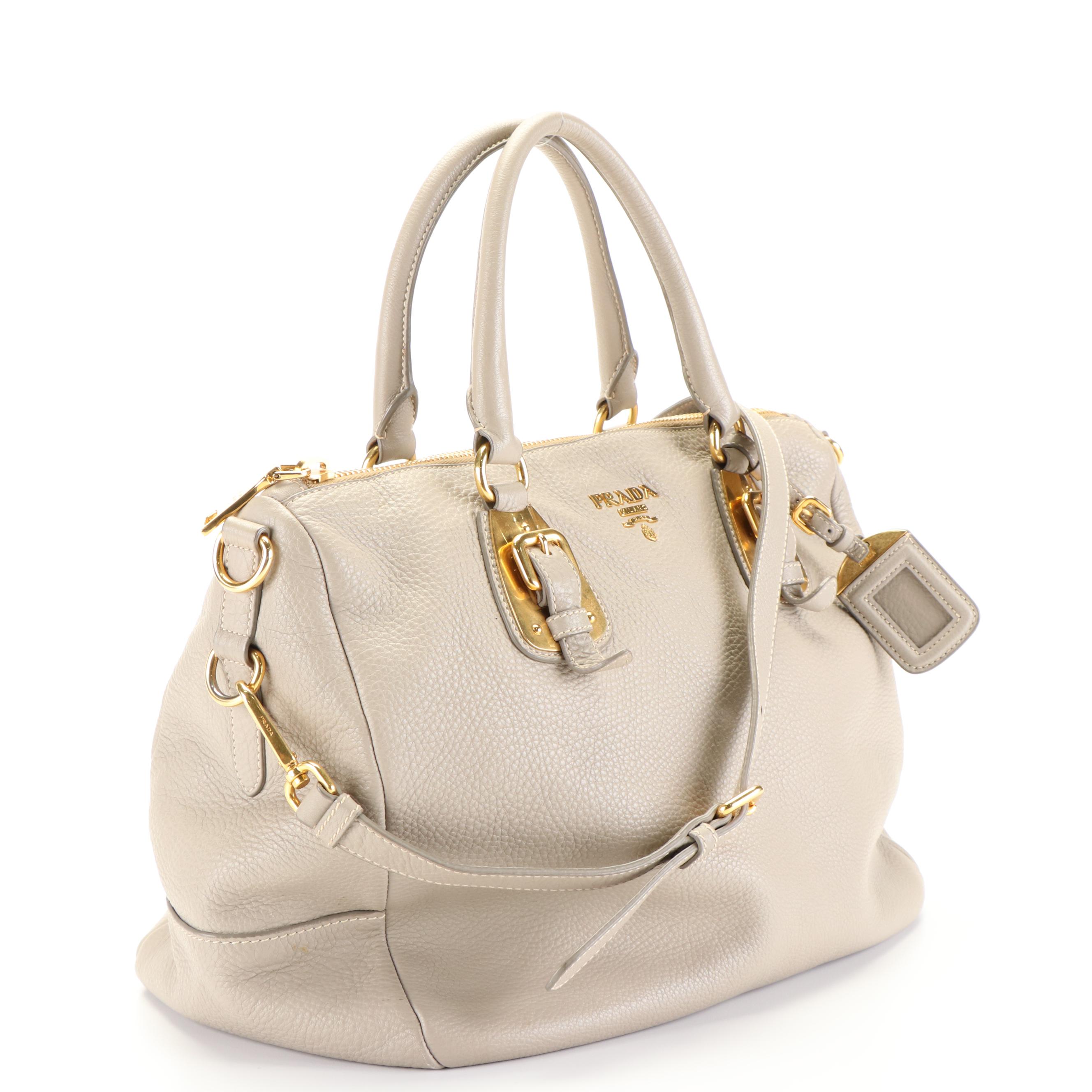 Prada Crossbody Bauletto Handbag in Taupe Calfskin Leather