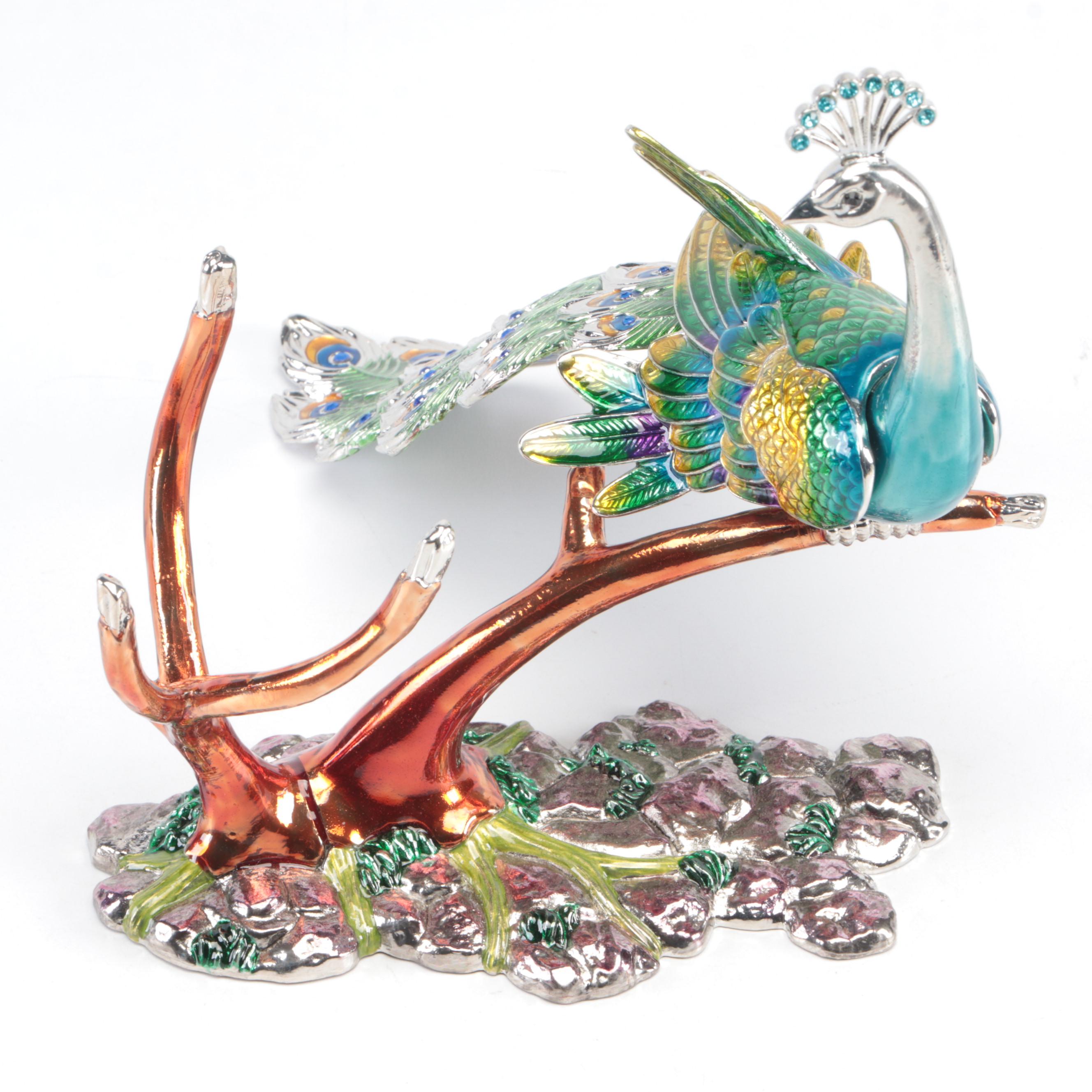 Jere Enameled Metal Peacock Wine Bottle Holder