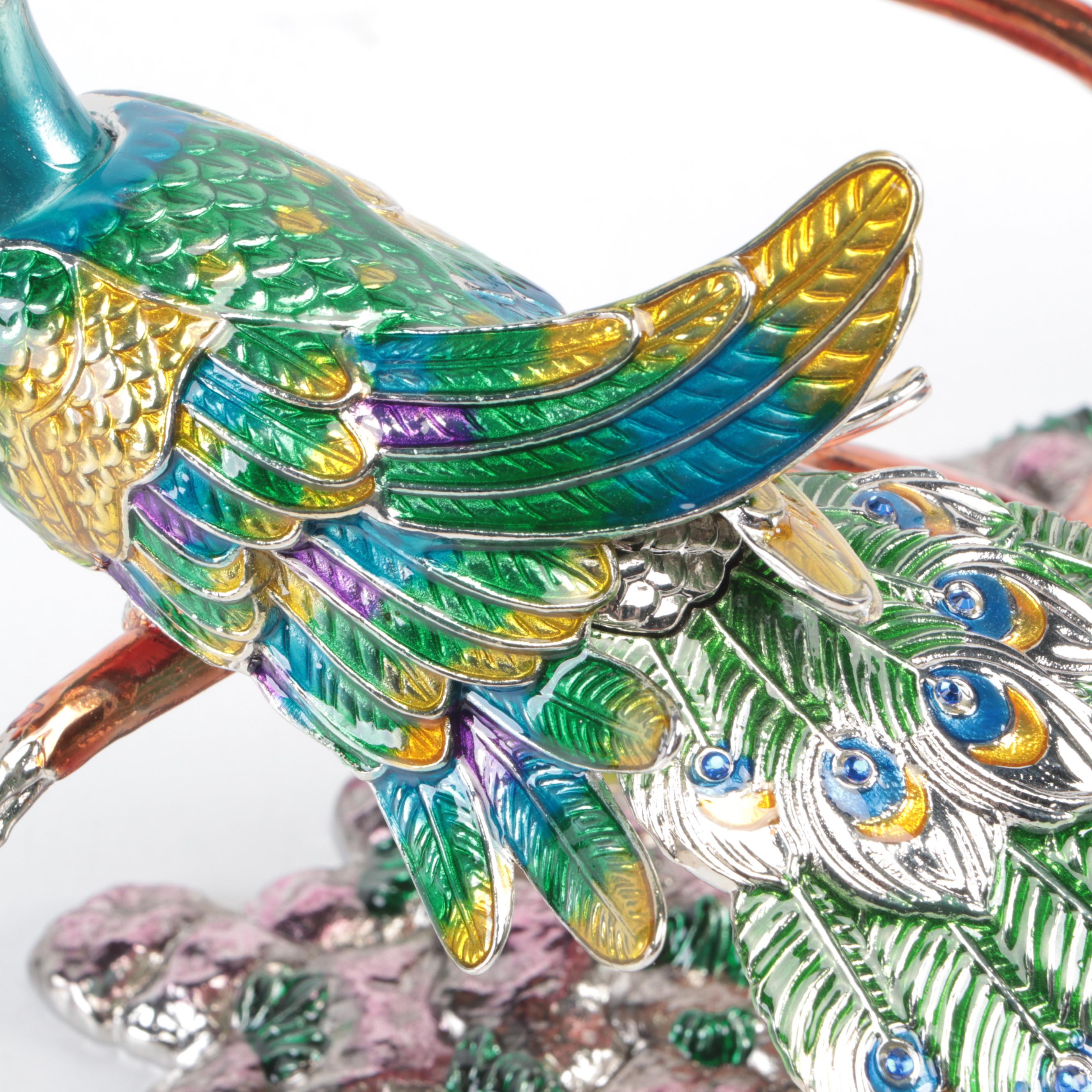 Jere Enameled Metal Peacock Wine Bottle Holder