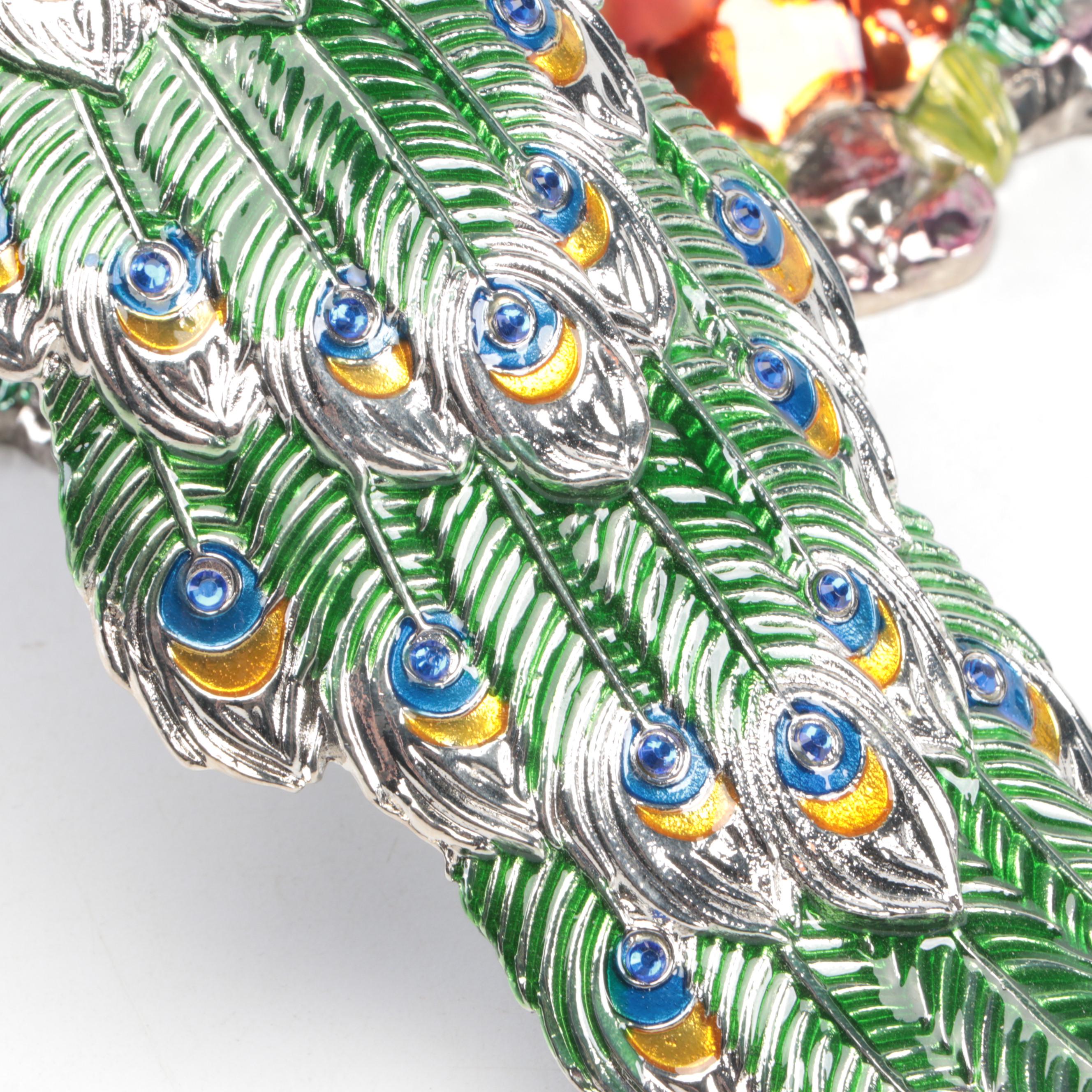 Jere Enameled Metal Peacock Wine Bottle Holder