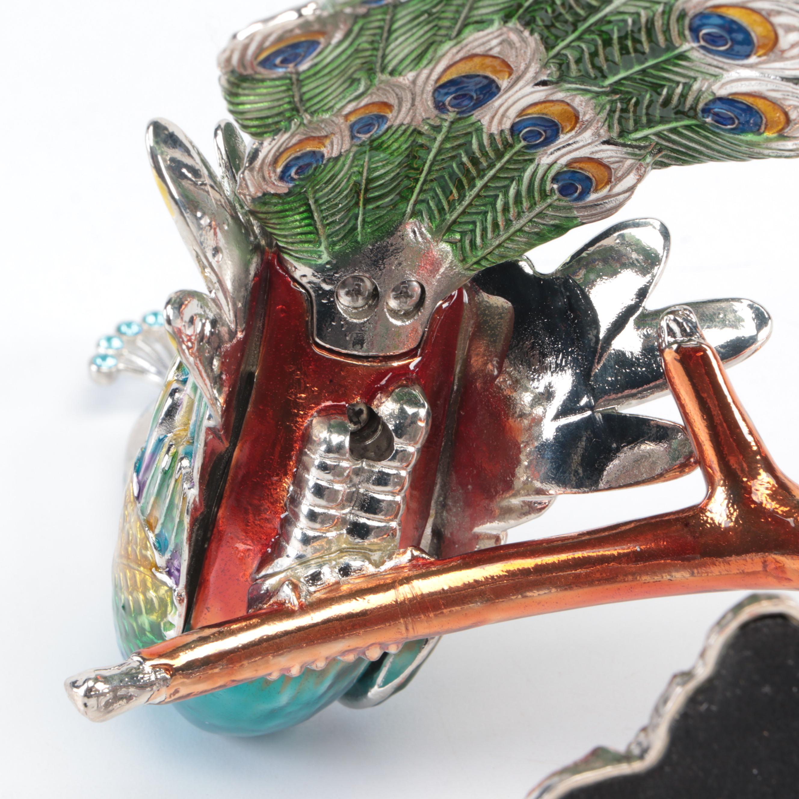 Jere Enameled Metal Peacock Wine Bottle Holder