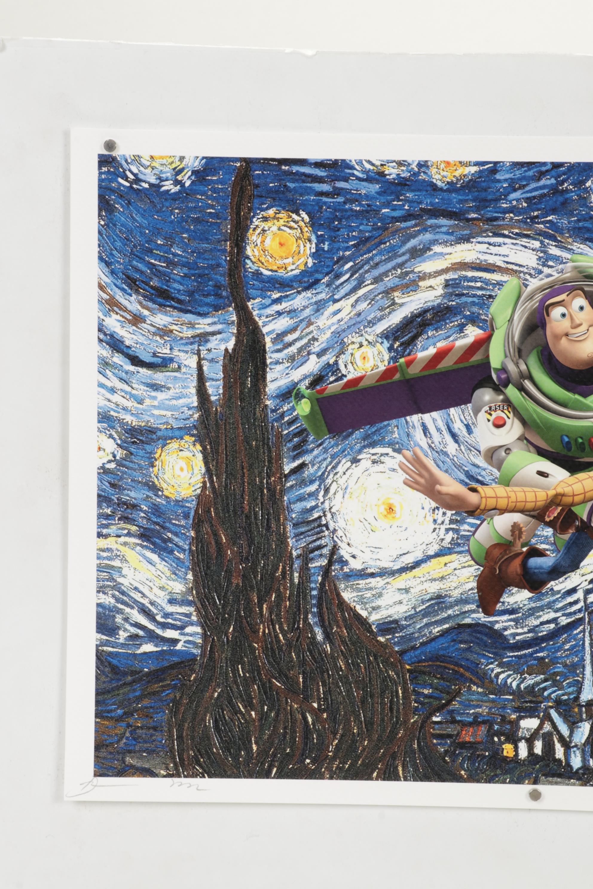 Death NYC Pop Art Graphic Print of Woody and Buzz Flying Above Starry Night