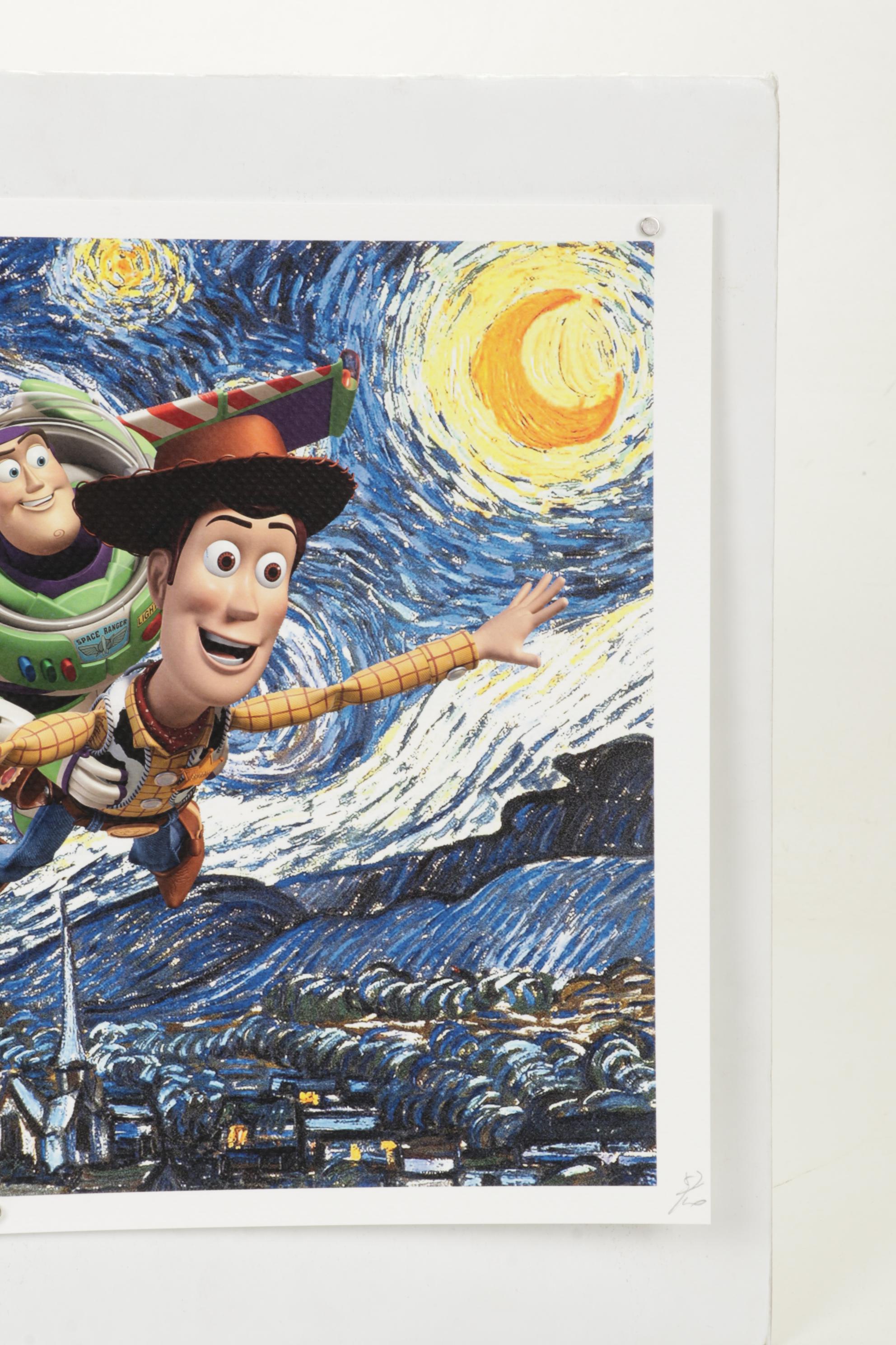 Death NYC Pop Art Graphic Print of Woody and Buzz Flying Above Starry Night