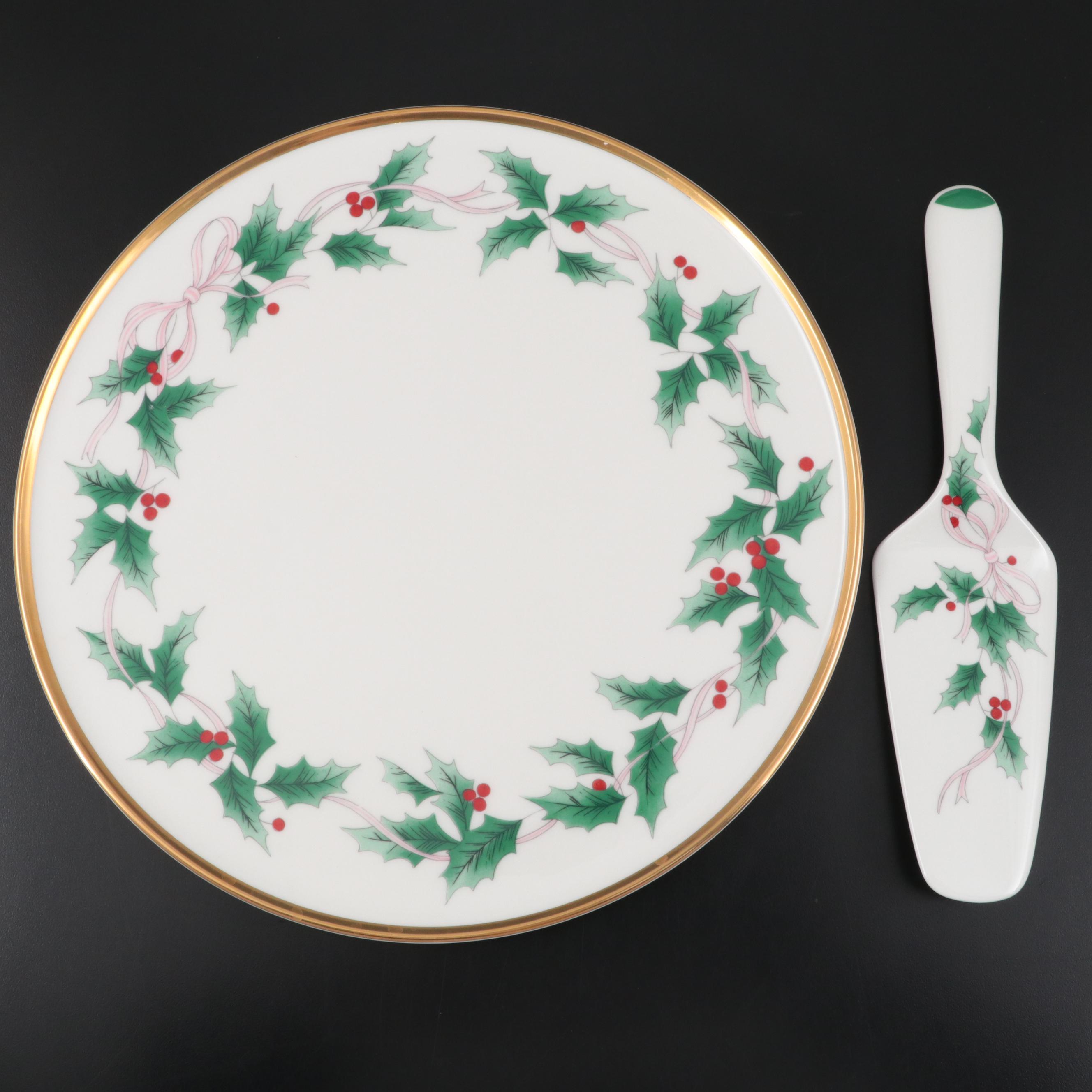 Mikasa Bone China "Ribbon Holly" Cake Plate and Server with Box