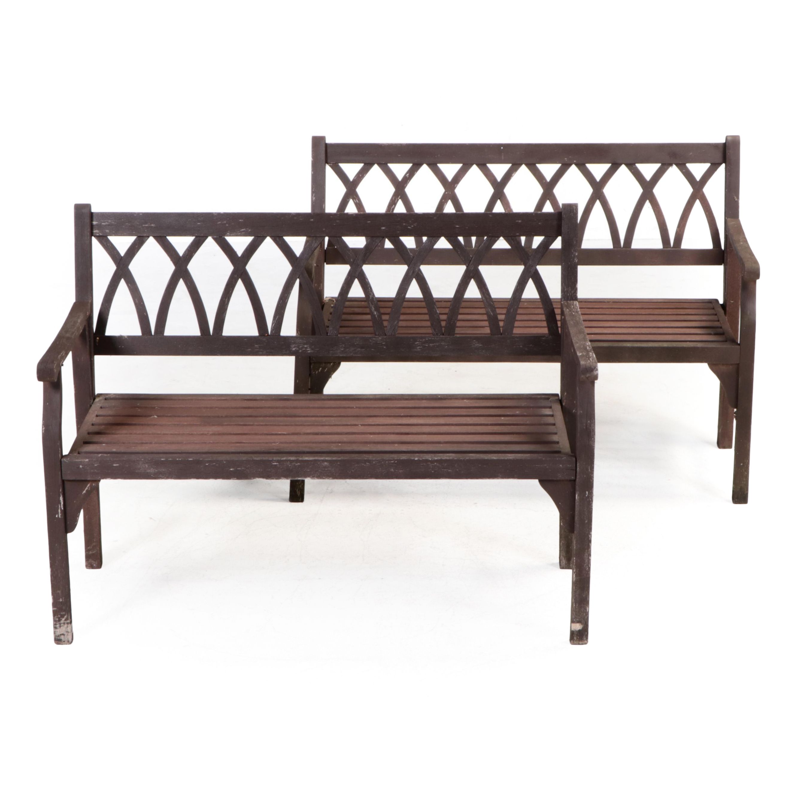 Two Contemporary Slatted Wood Patio Benches