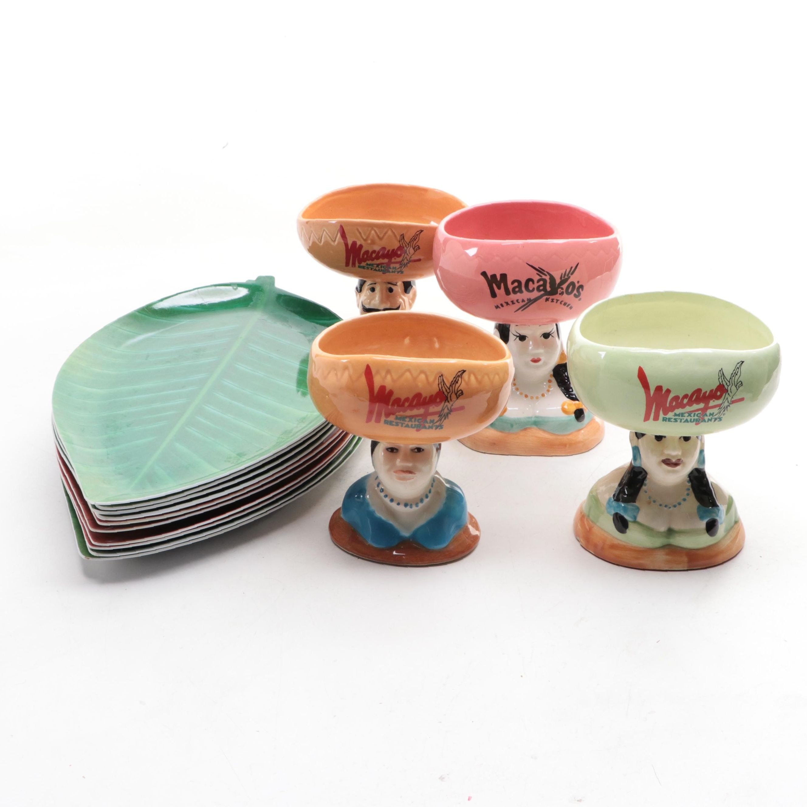 Macayo Ceramic Salsa Bowls with Plastic Leaf Plates