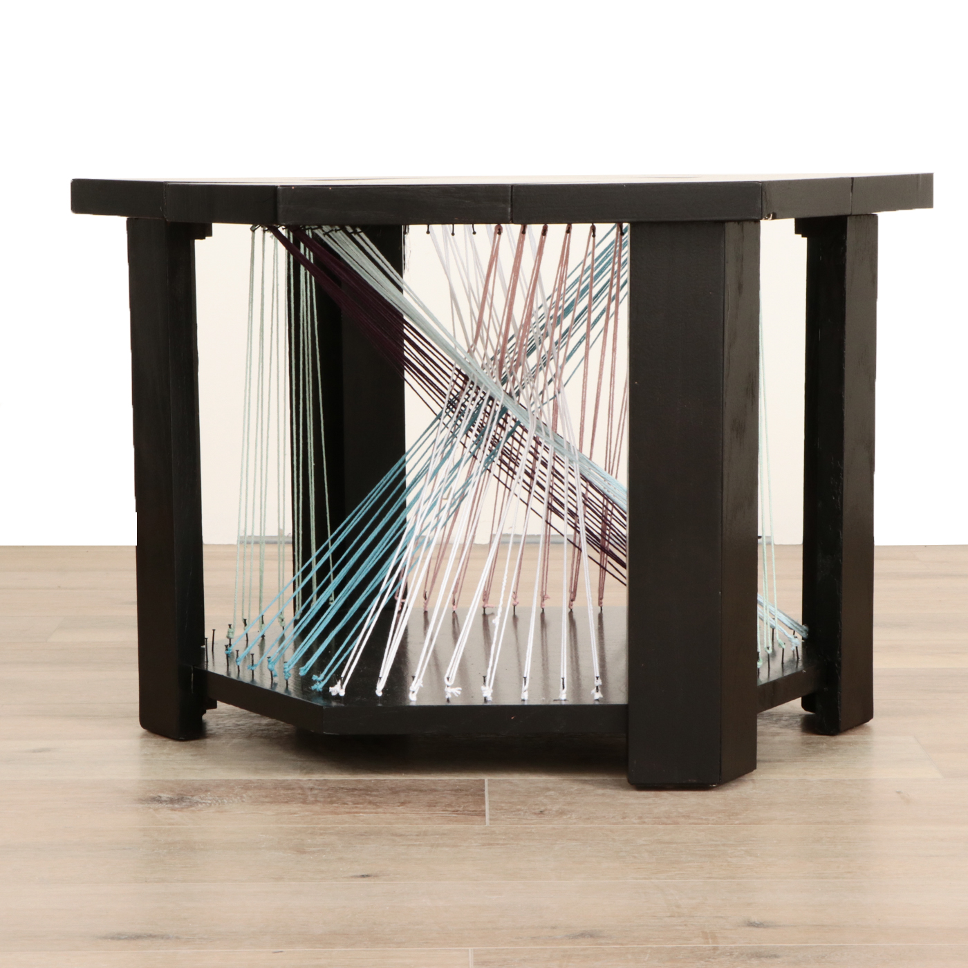 Contemporary String Art, Glass and Ebonized Wood Table