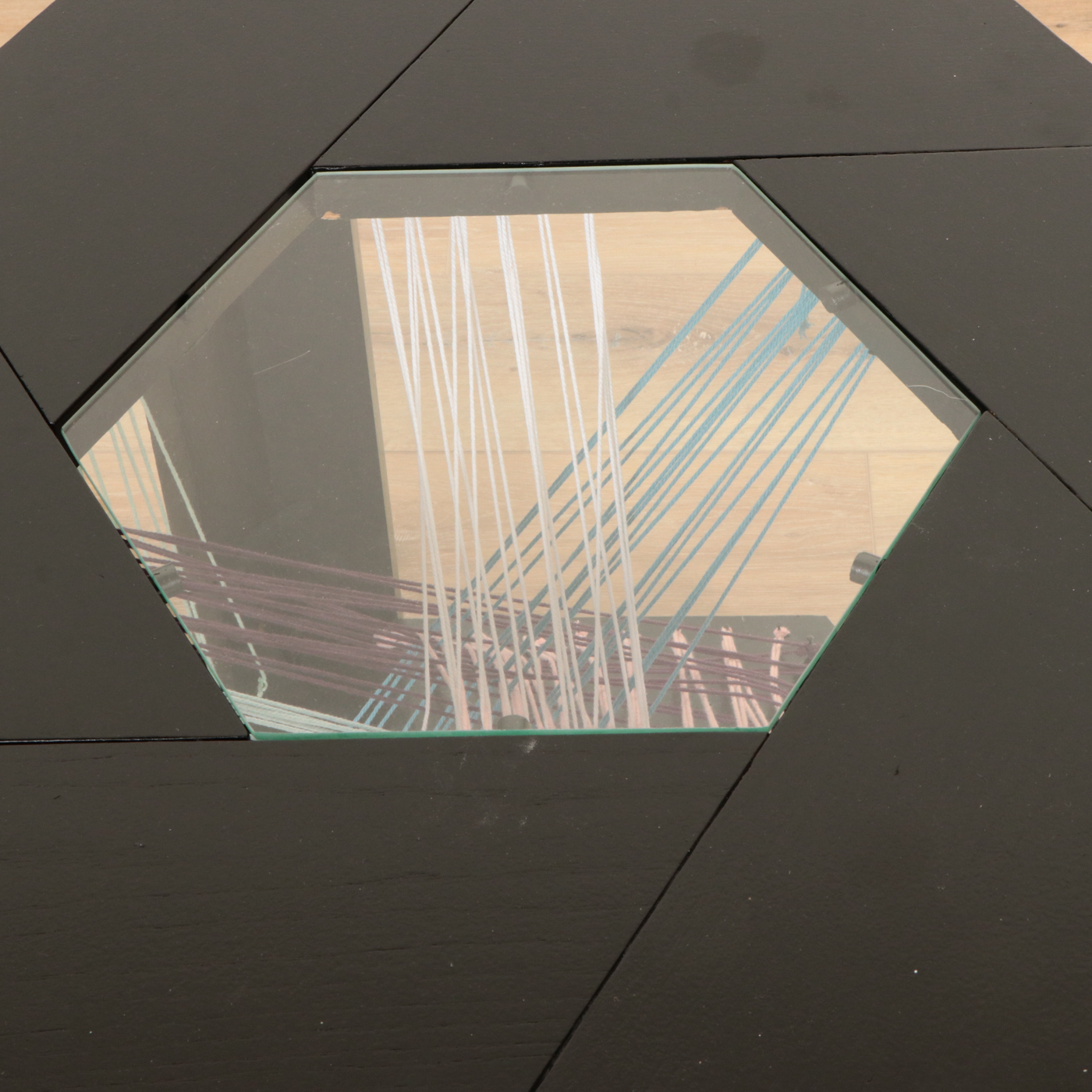 Contemporary String Art, Glass and Ebonized Wood Table
