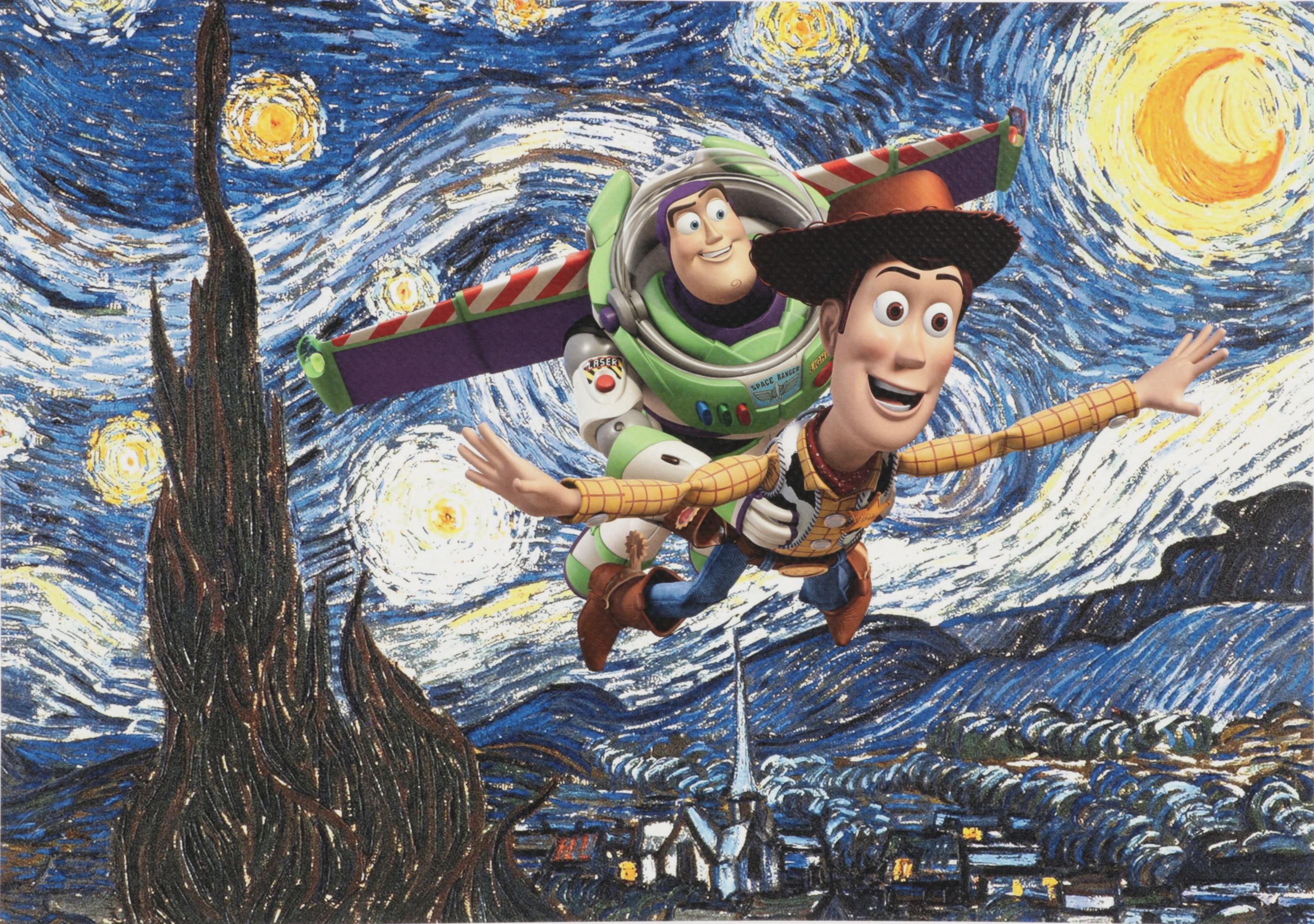 Death NYC Pop Art Graphic Print of Woody and Buzz Flying Above Starry Night
