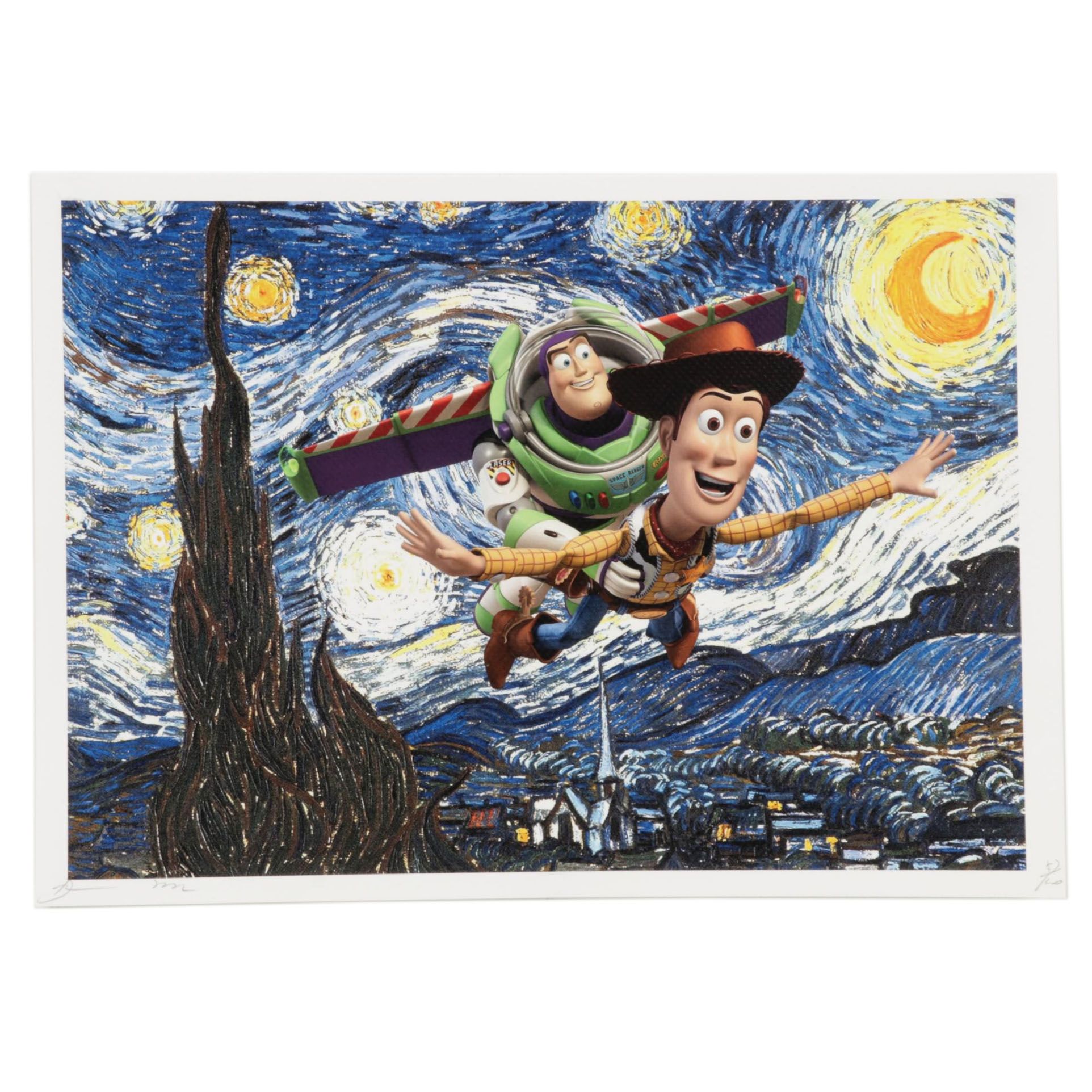 Death NYC Pop Art Graphic Print of Woody and Buzz Flying Above Starry Night