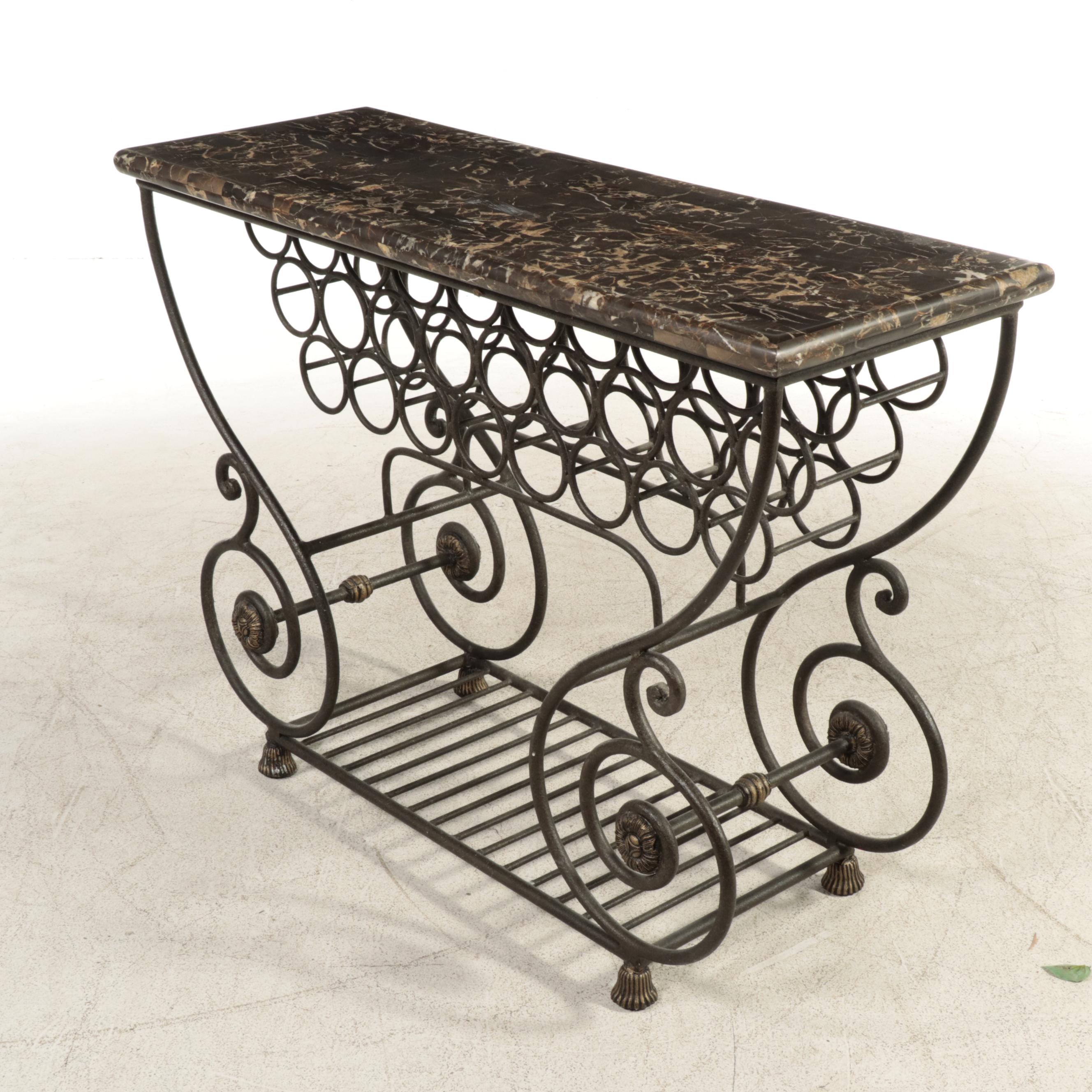 Neoclassical Style Marble Top Scrolled Metal Wine Rack Console Table