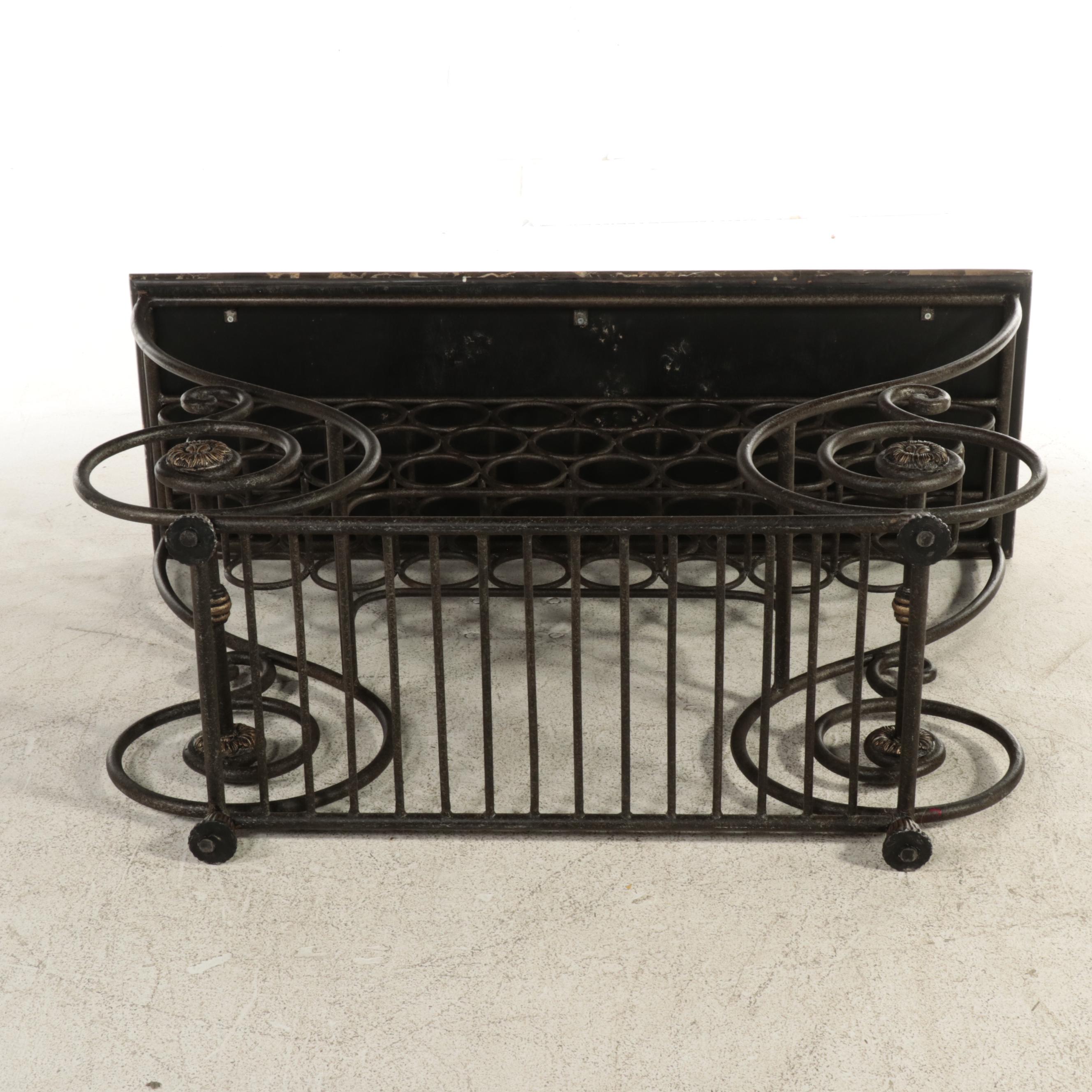 Neoclassical Style Marble Top Scrolled Metal Wine Rack Console Table