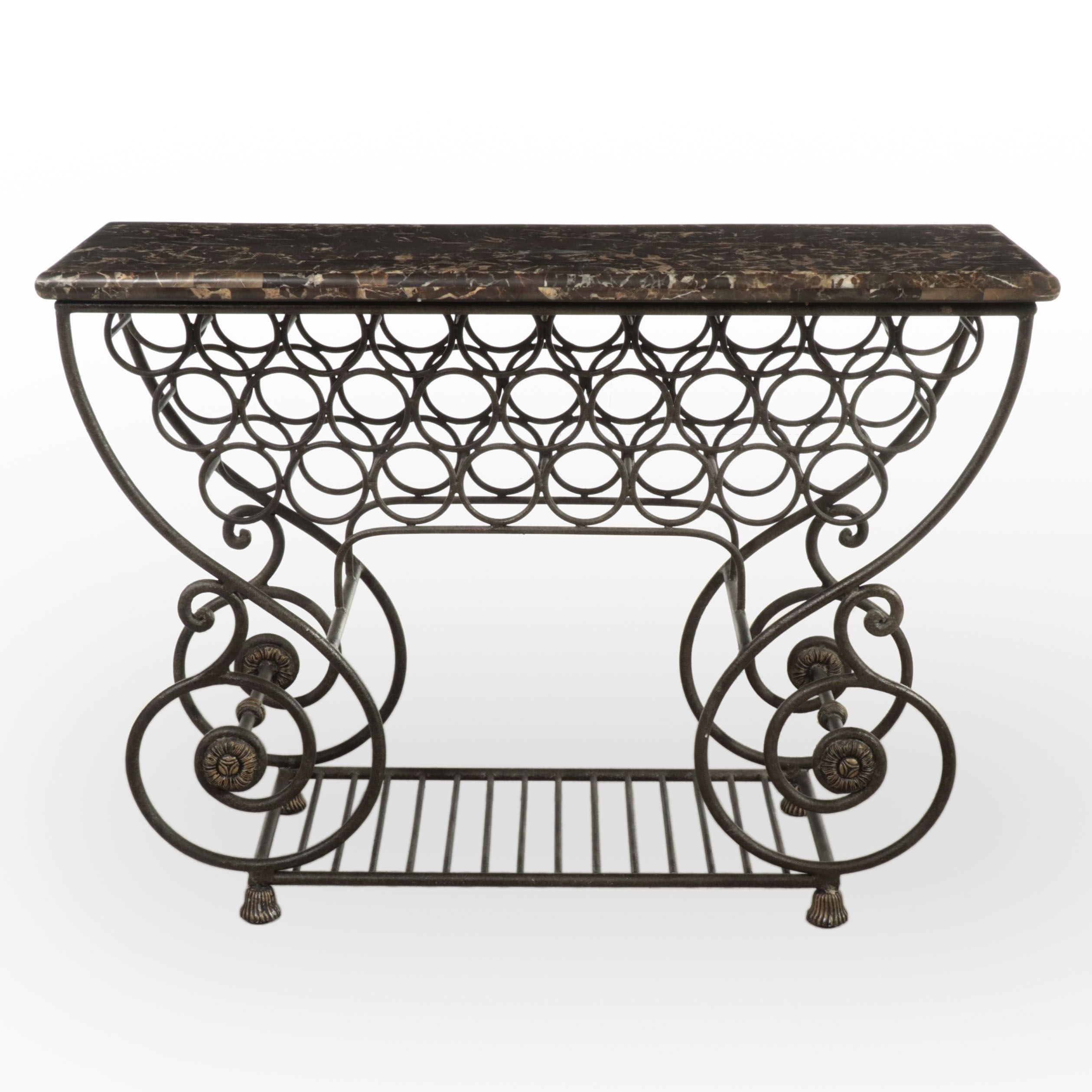 Neoclassical Style Marble Top Scrolled Metal Wine Rack Console Table