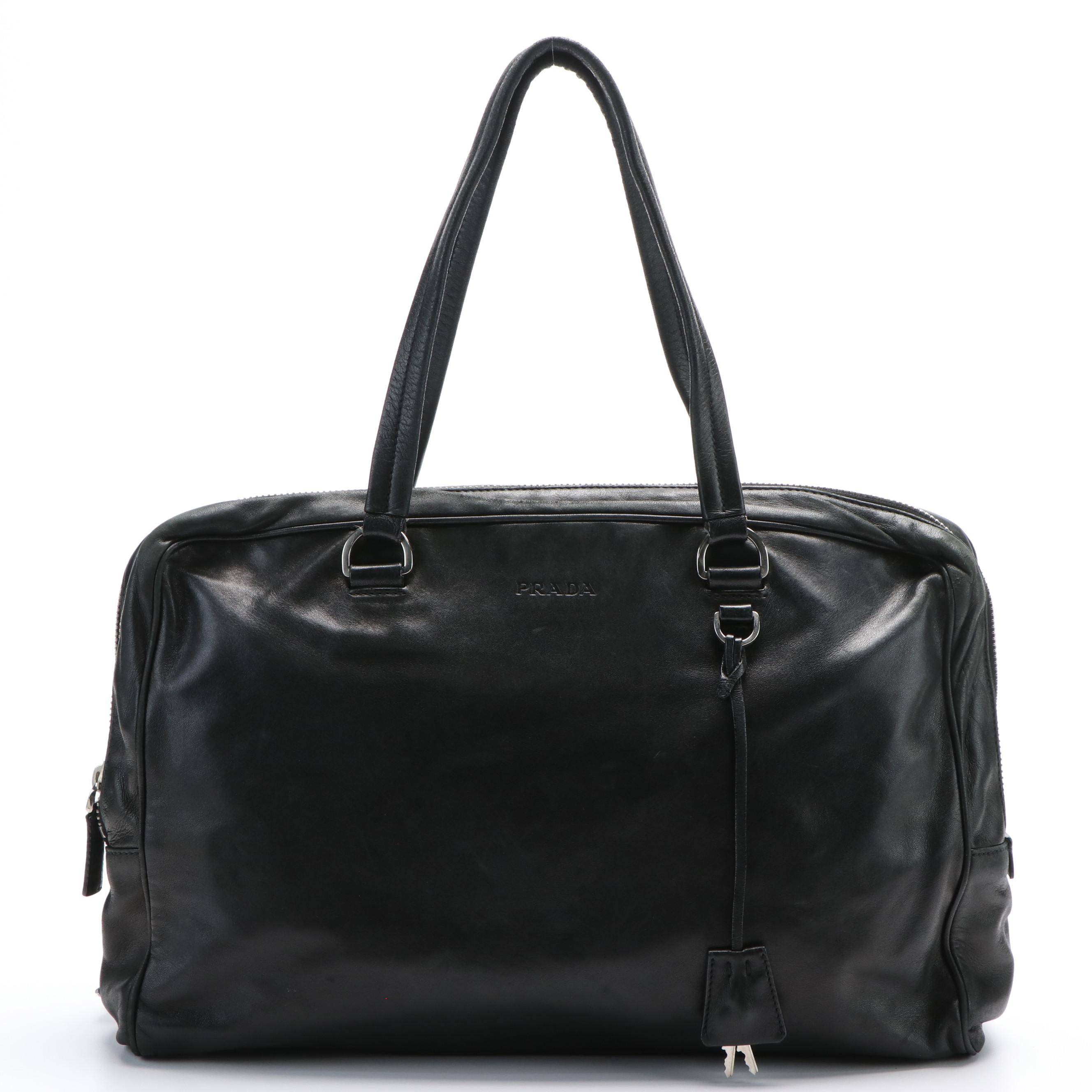 Prada Top Handle Black Leather Boston Bag