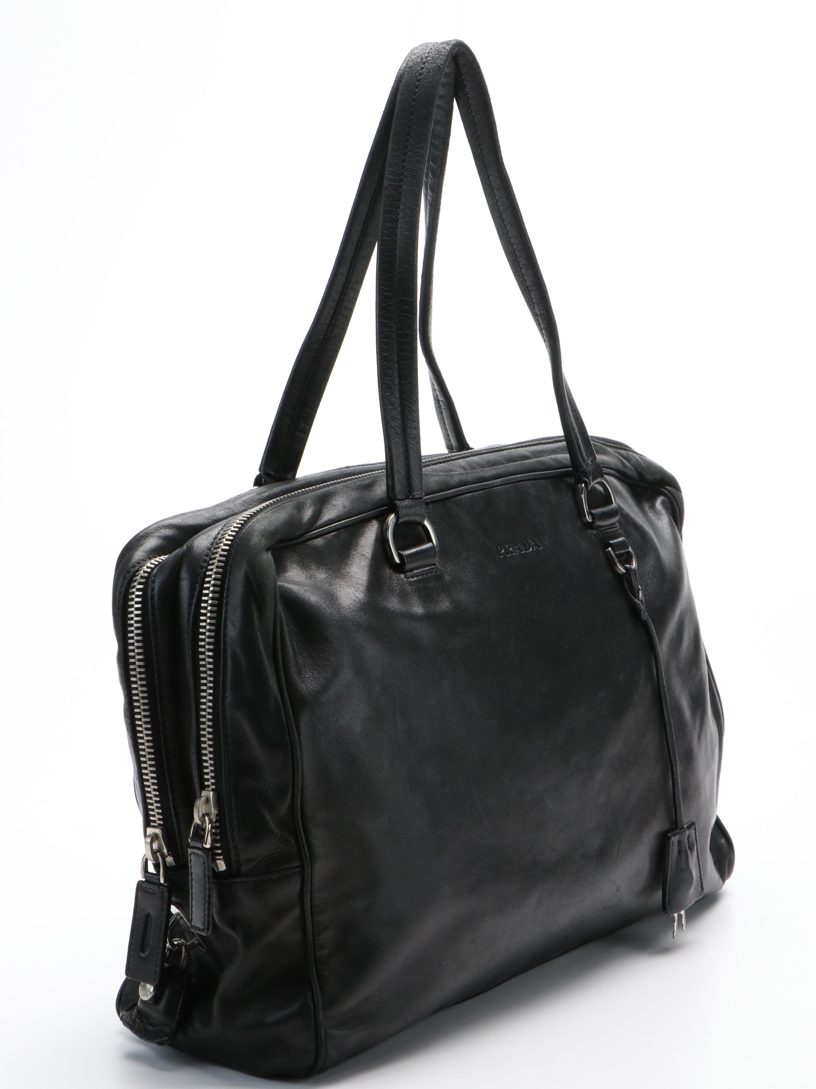 Prada Top Handle Black Leather Boston Bag