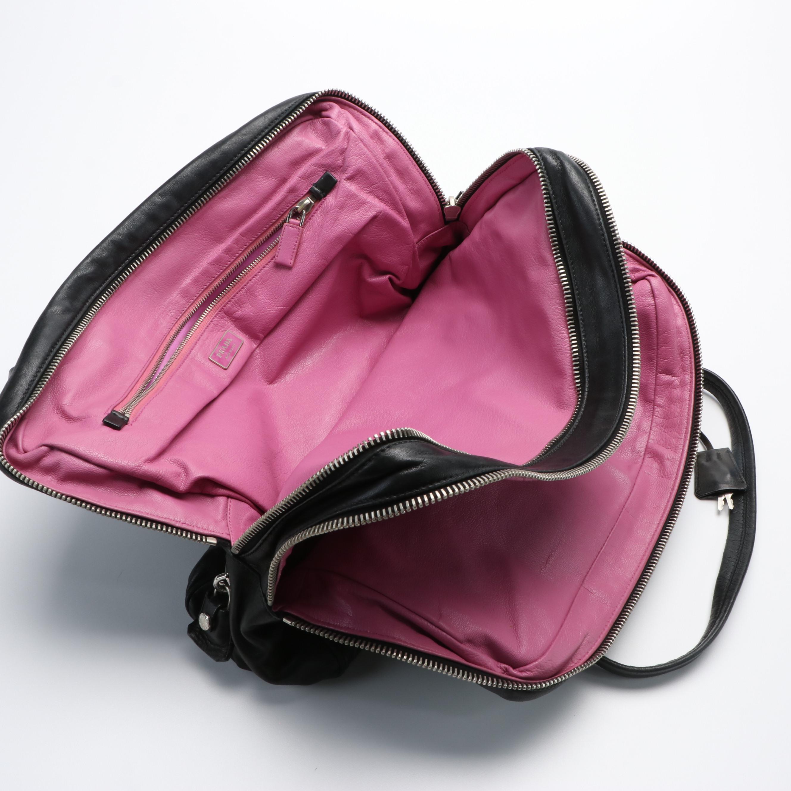 Prada Top Handle Black Leather Boston Bag