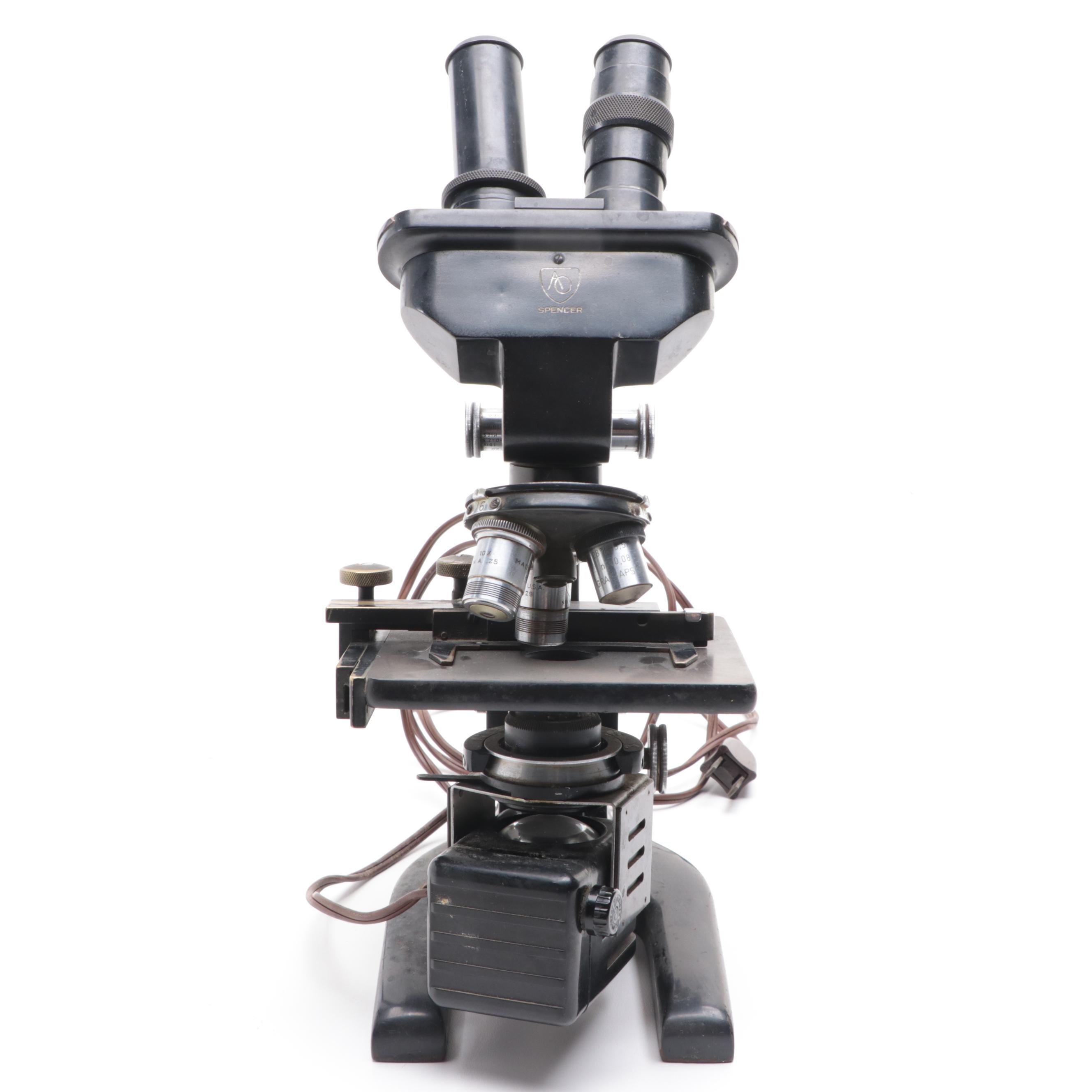 American Optical Spencer Binocular Electric Microscope With Triple Lens Turret