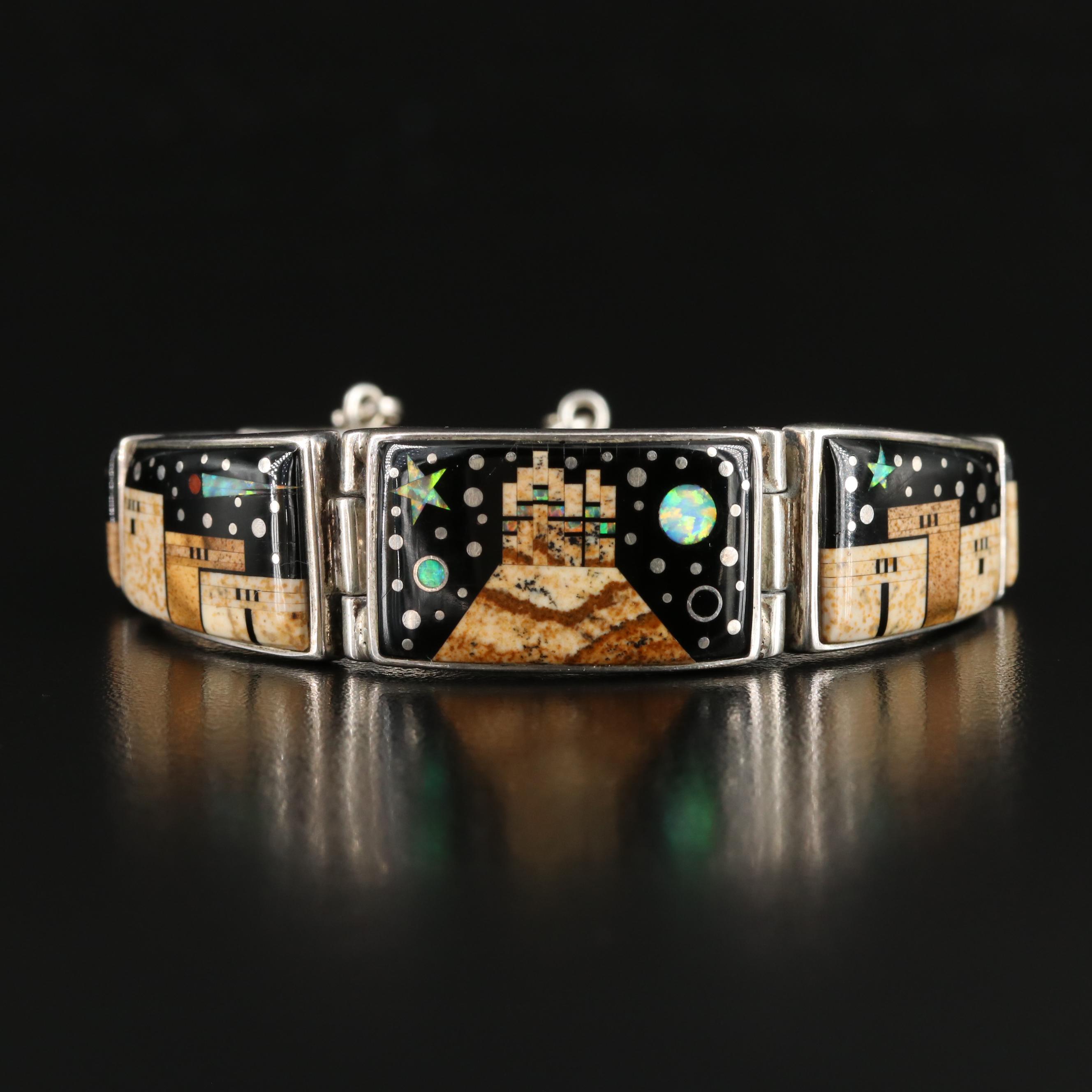 Calvin Begay Navajo Sterling Jasper and Black Onyx Story Panel Bracelet