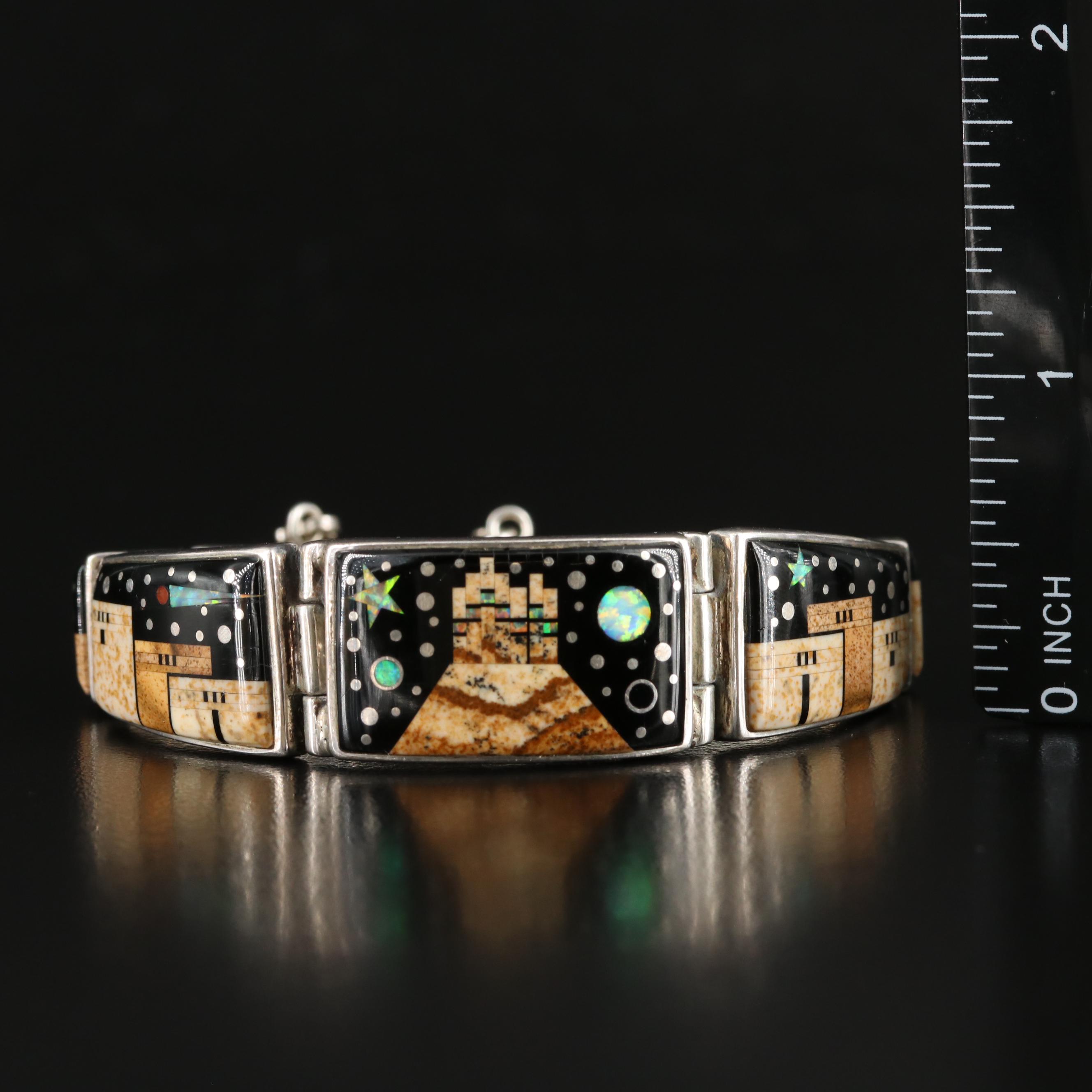 Calvin Begay Navajo Sterling Jasper and Black Onyx Story Panel Bracelet