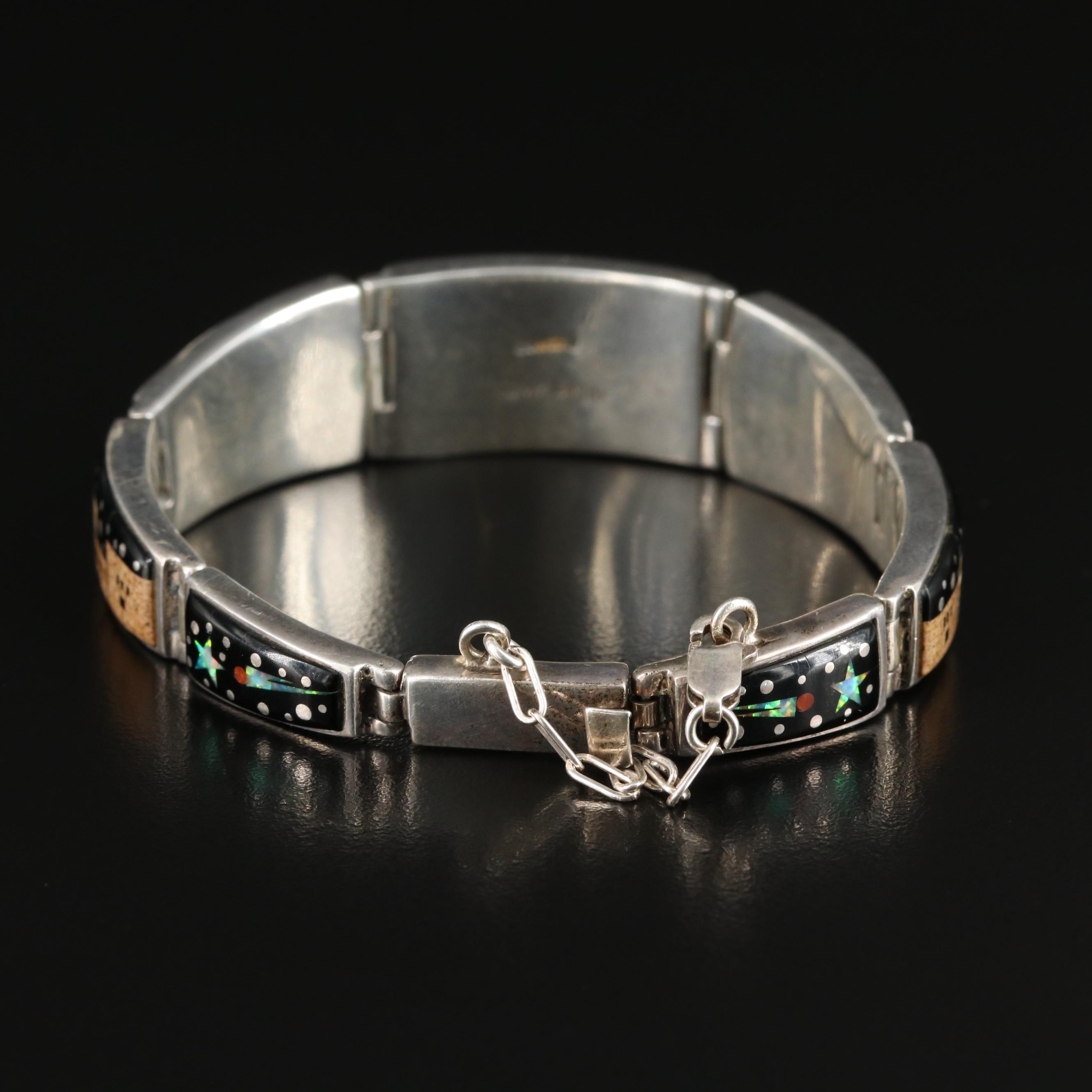 Calvin Begay Navajo Sterling Jasper and Black Onyx Story Panel Bracelet