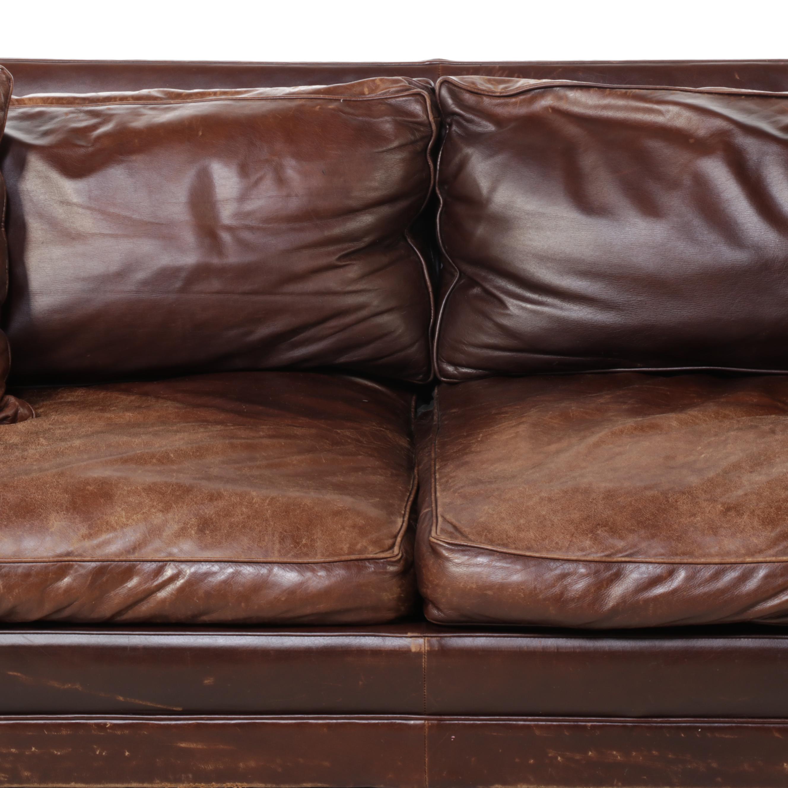 Henredon Brass Nailhead Trimmed Brown Leather Sofa