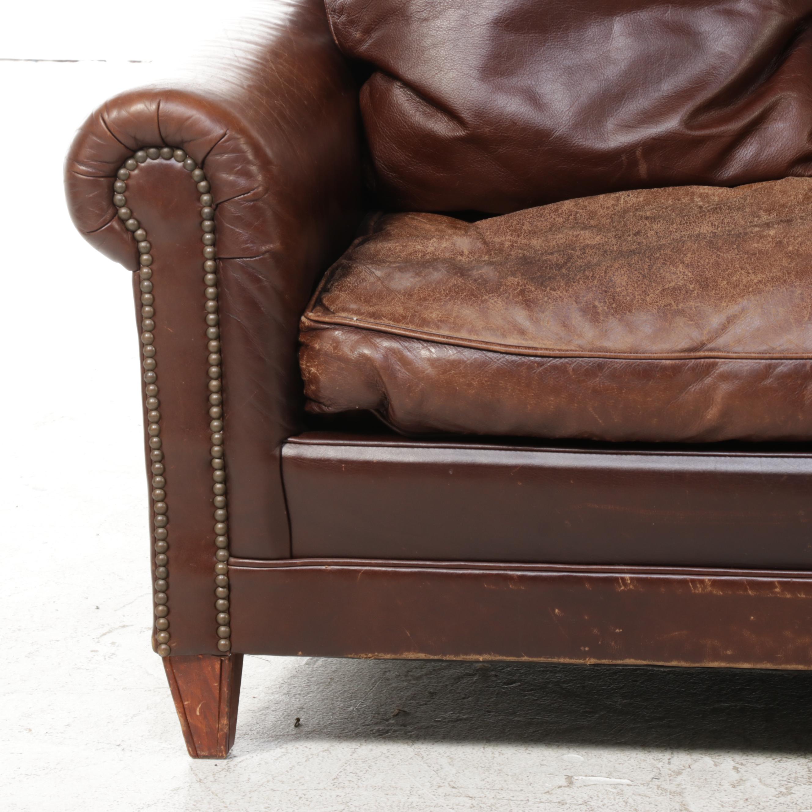 Henredon Brass Nailhead Trimmed Brown Leather Sofa