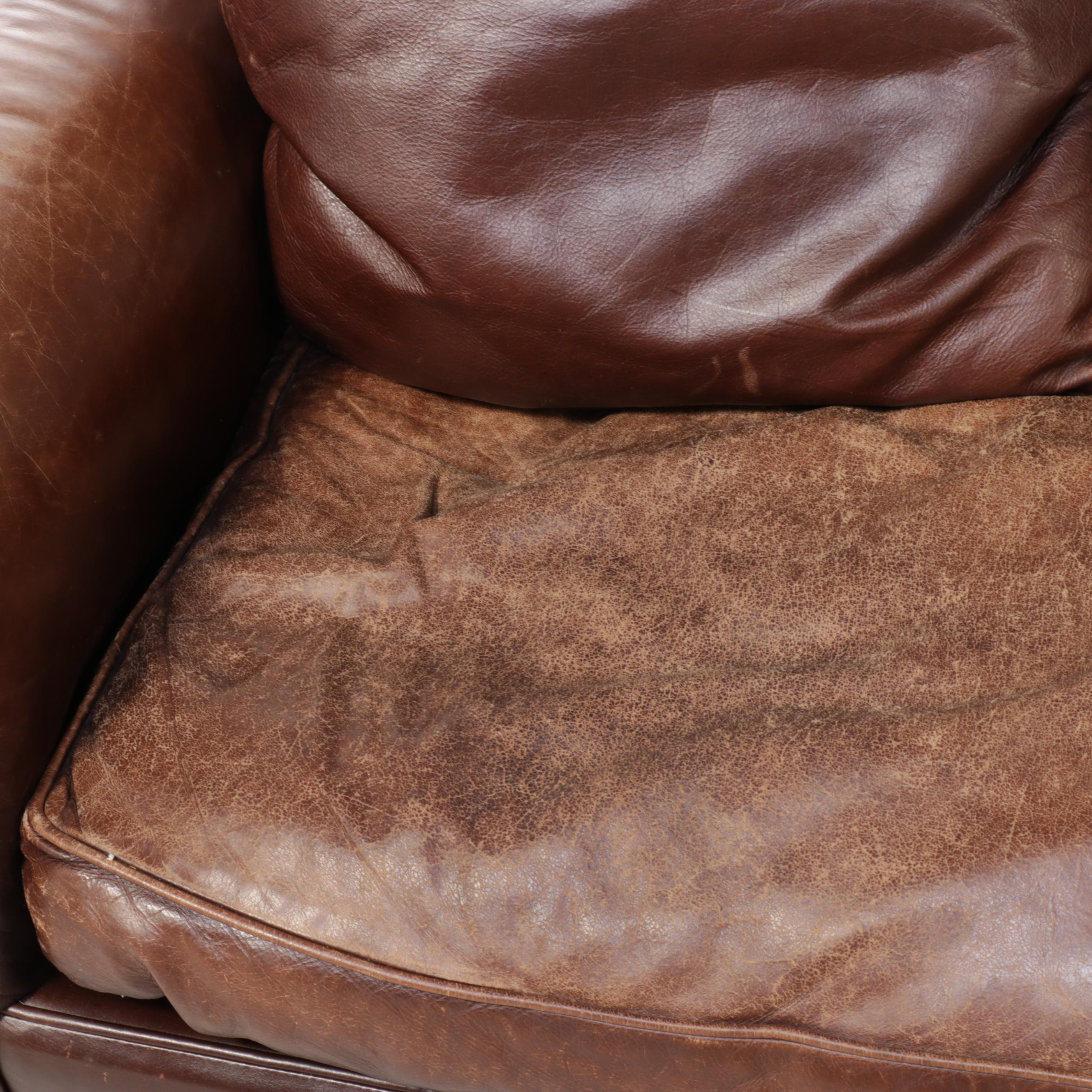 Henredon Brass Nailhead Trimmed Brown Leather Sofa