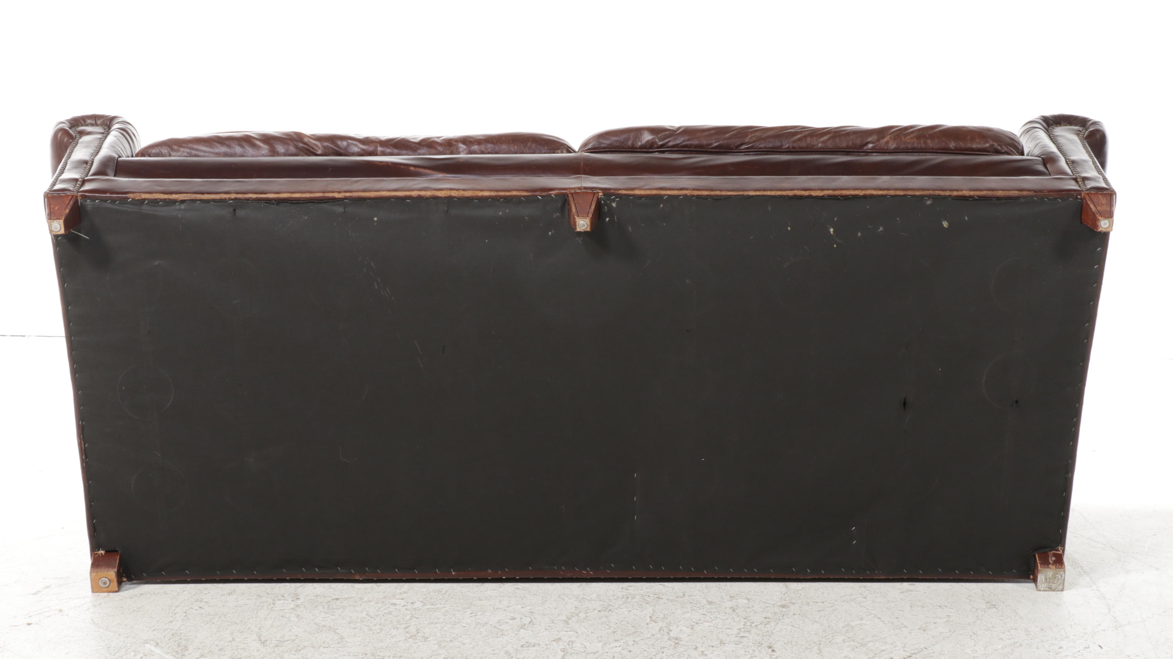 Henredon Brass Nailhead Trimmed Brown Leather Sofa