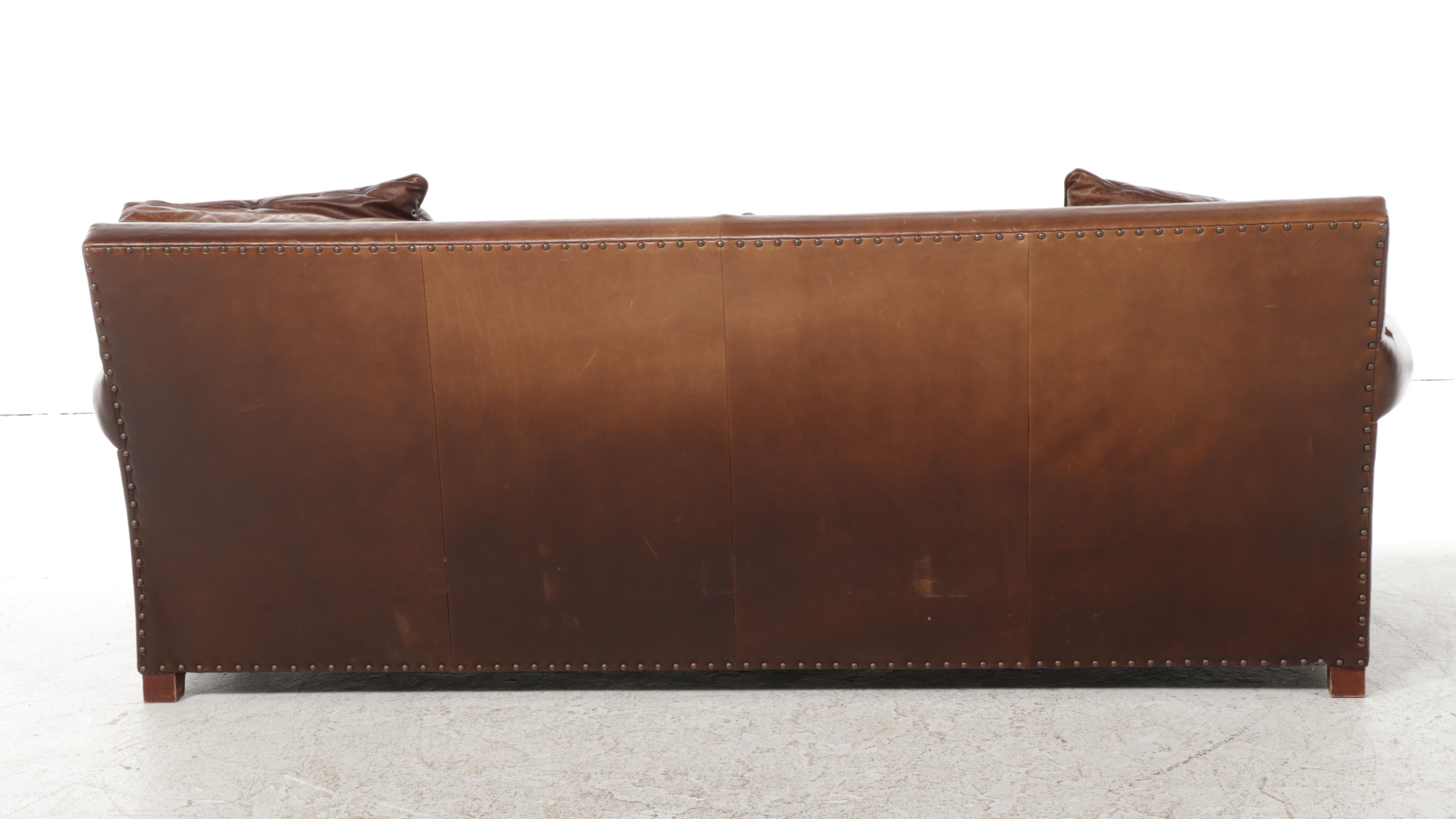 Henredon Brass Nailhead Trimmed Brown Leather Sofa