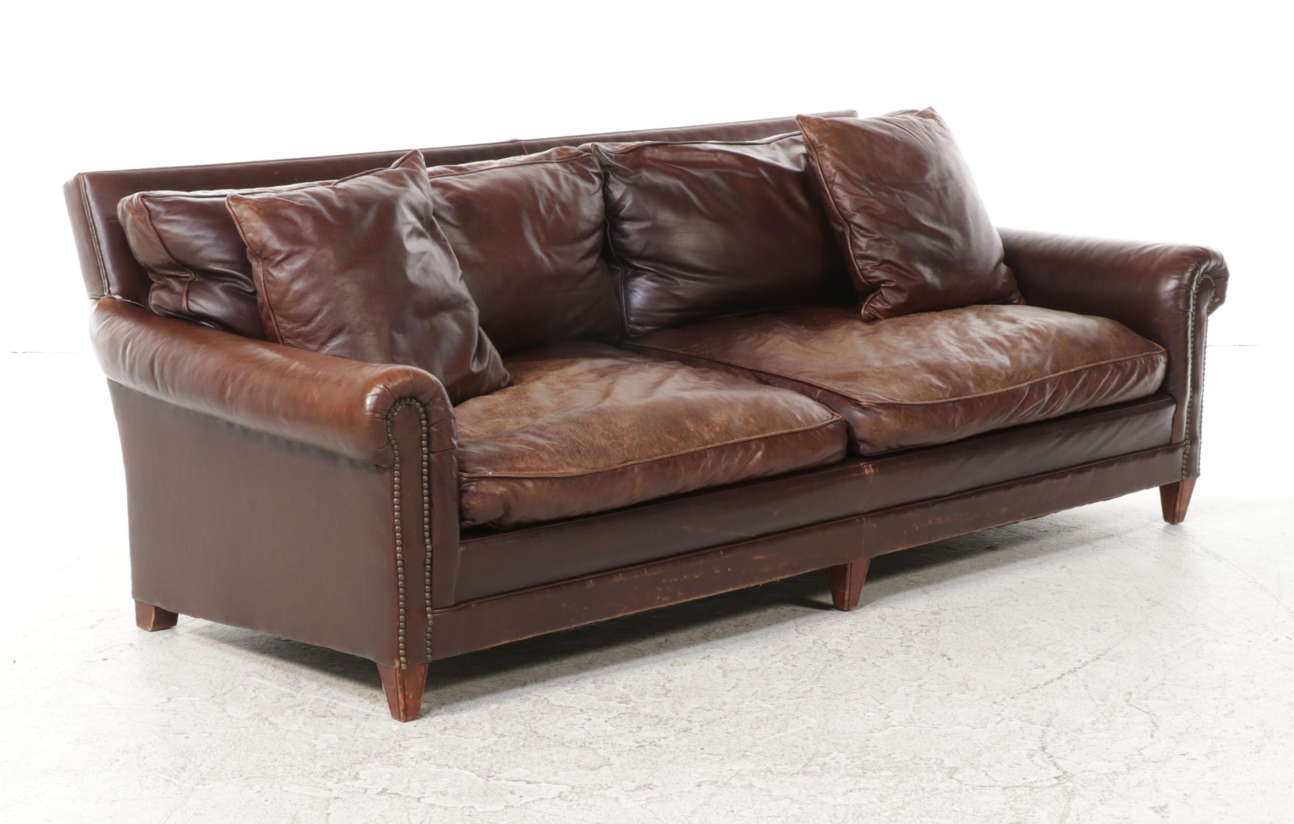 Henredon Brass Nailhead Trimmed Brown Leather Sofa