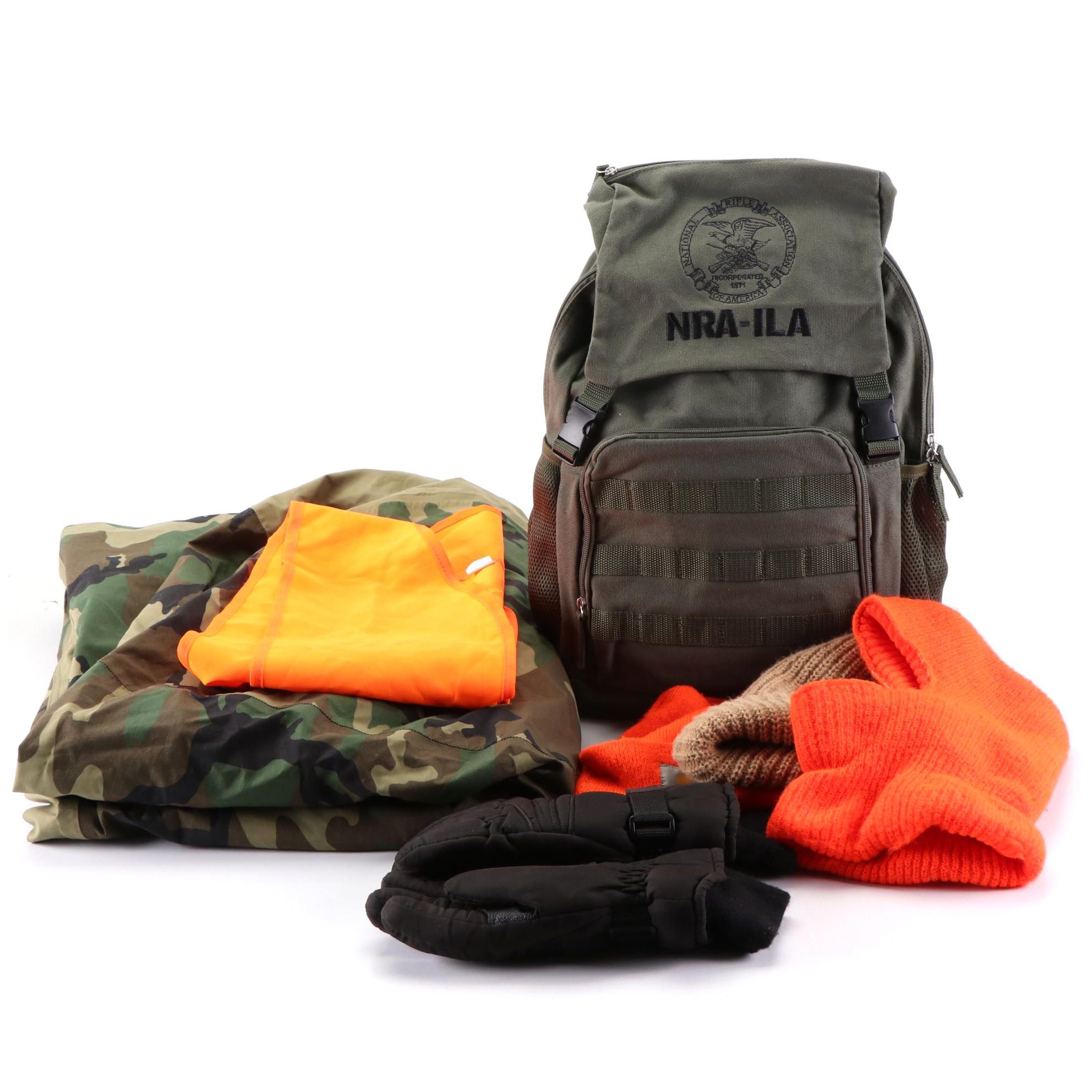 Camo Bivy Cover, NRA Backpack, Orange Vest & Carhartt Hat with Other Knit Beanie