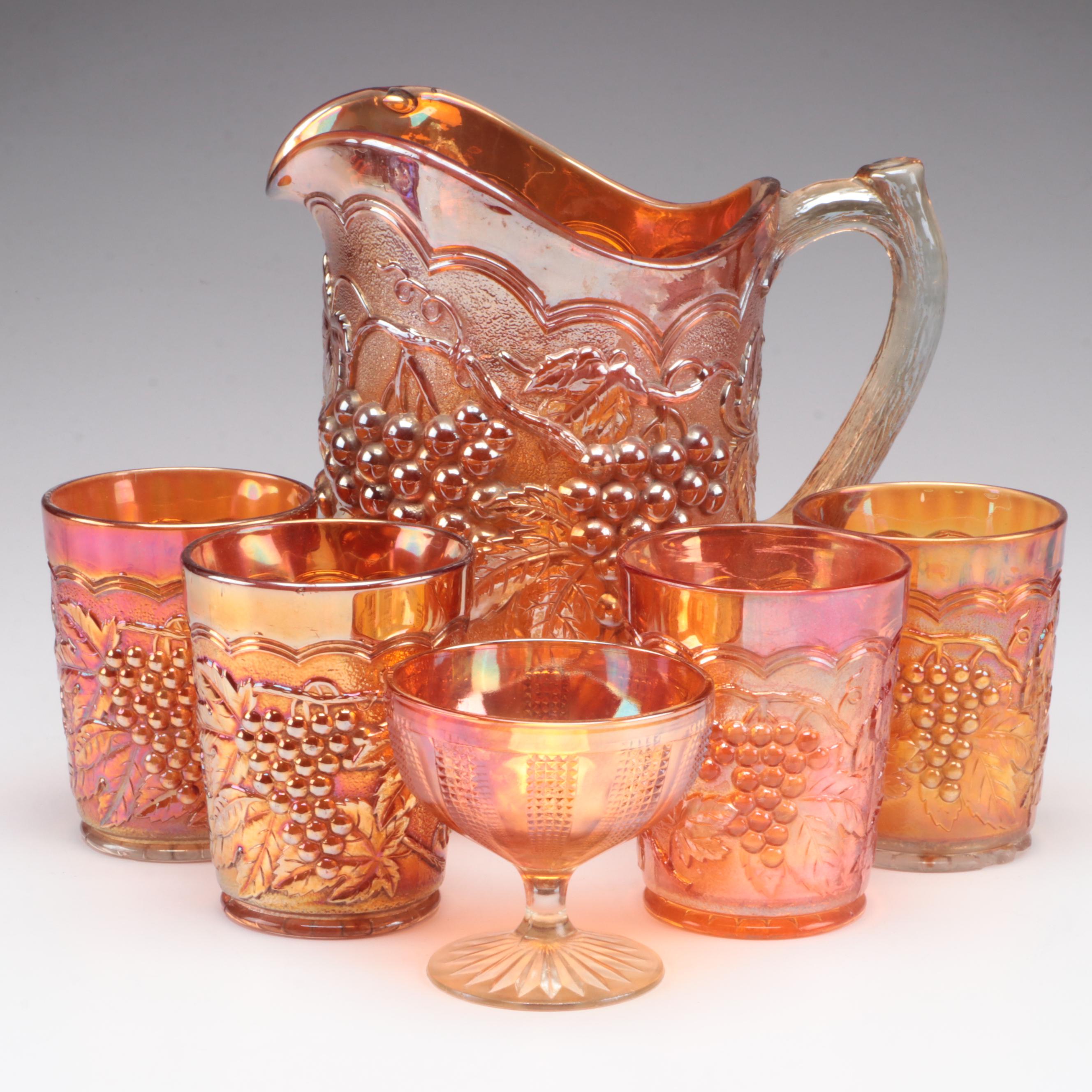 Marigold Carnival Glass Harvest Grape Lemonade Set and Other Compote