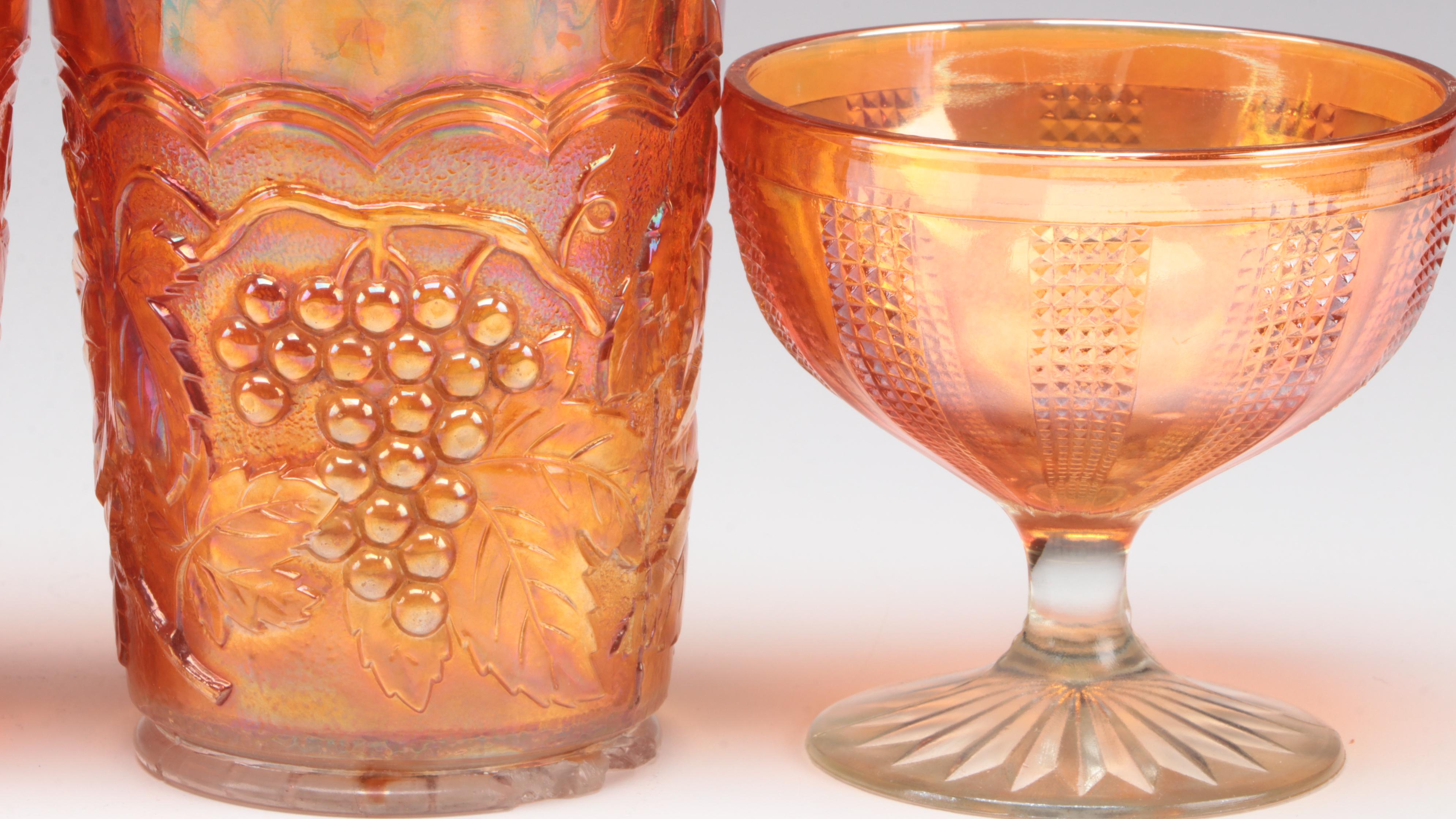 Marigold Carnival Glass Harvest Grape Lemonade Set and Other Compote