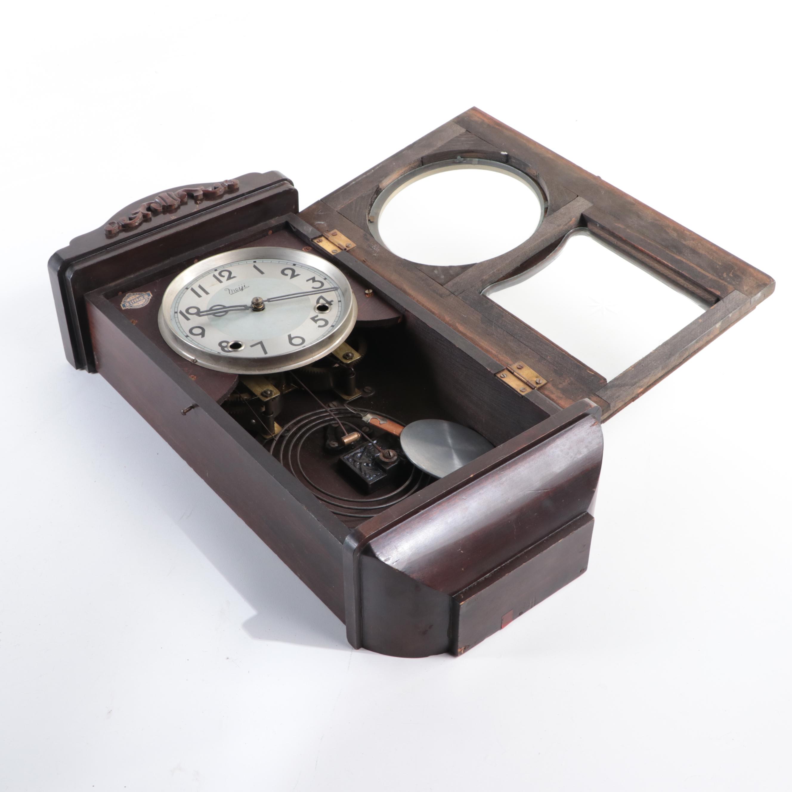 Meiji Clock Co. Filigree Style Metal Inlay Wood Pendulum Wall Clock