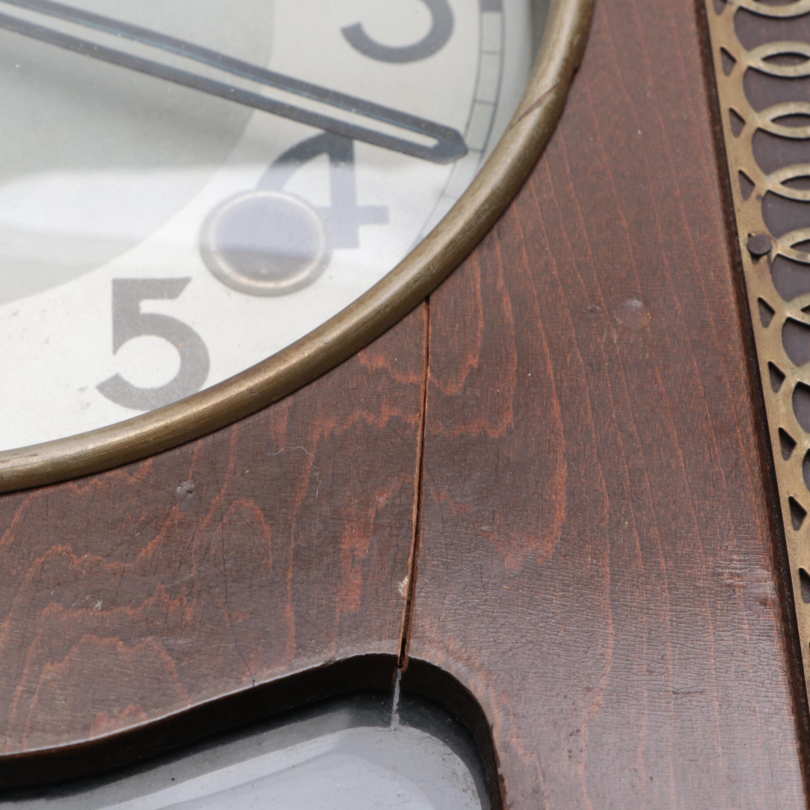 Meiji Clock Co. Filigree Style Metal Inlay Wood Pendulum Wall Clock