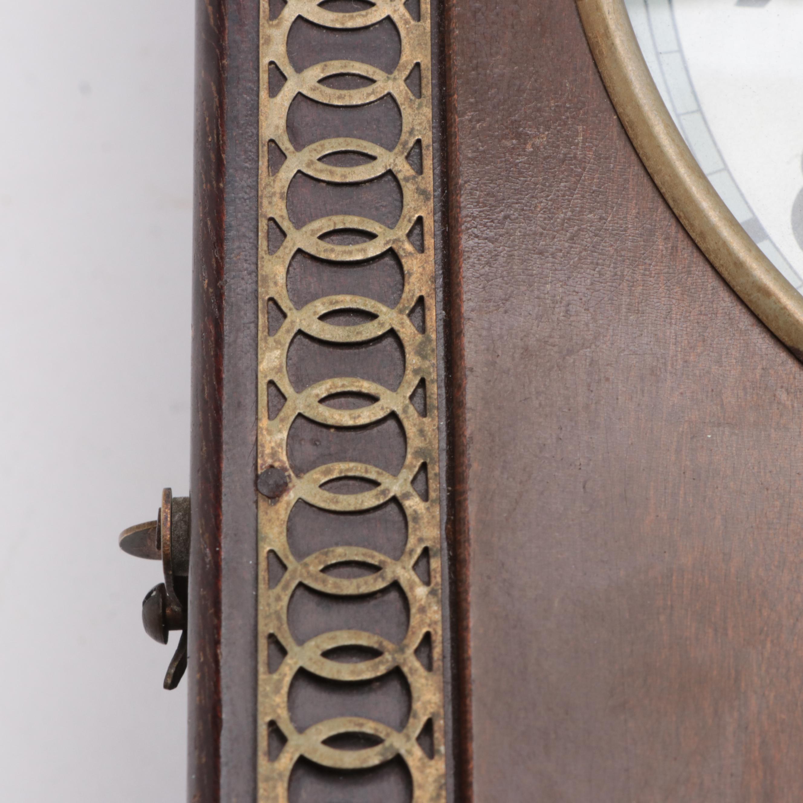 Meiji Clock Co. Filigree Style Metal Inlay Wood Pendulum Wall Clock