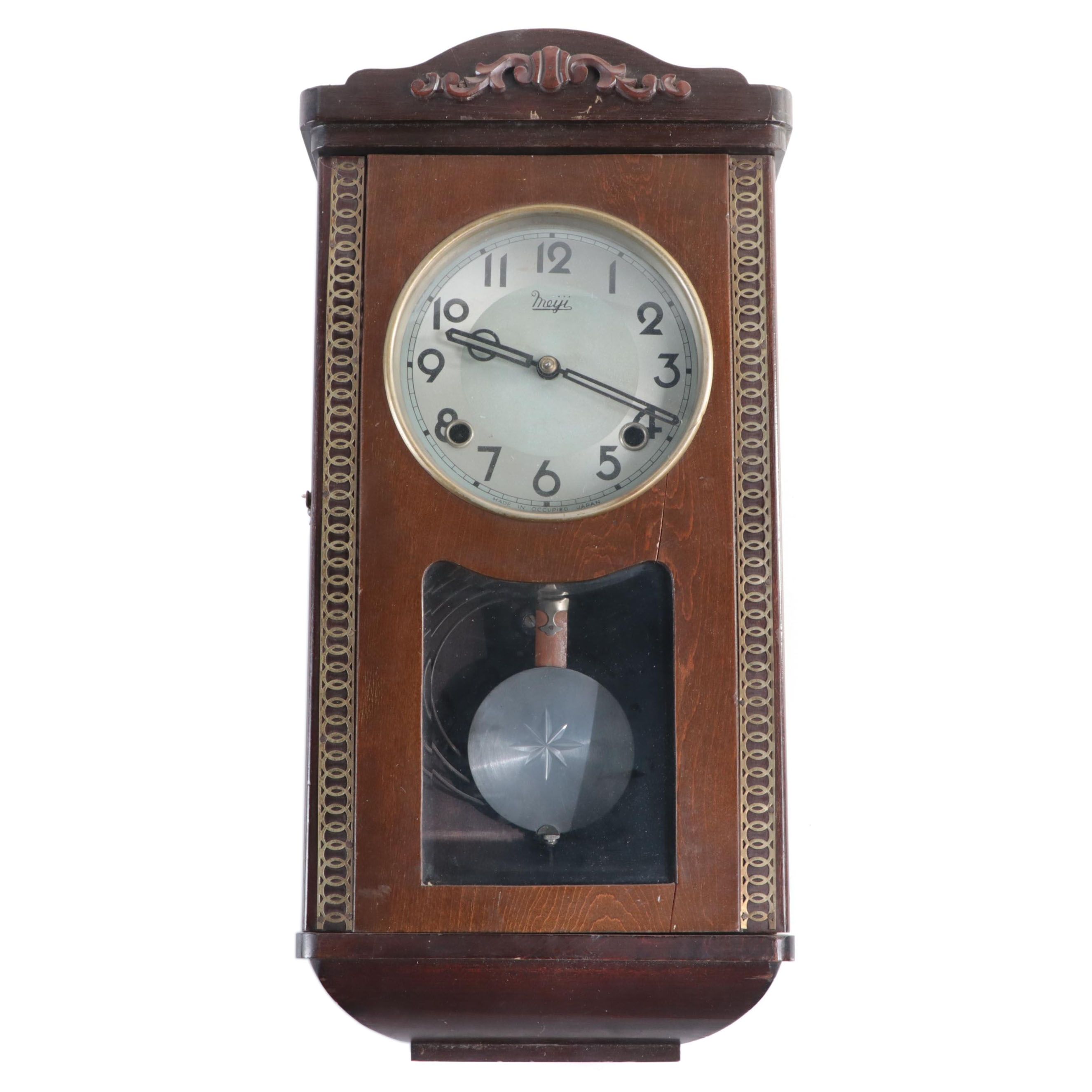 Meiji Clock Co. Filigree Style Metal Inlay Wood Pendulum Wall Clock