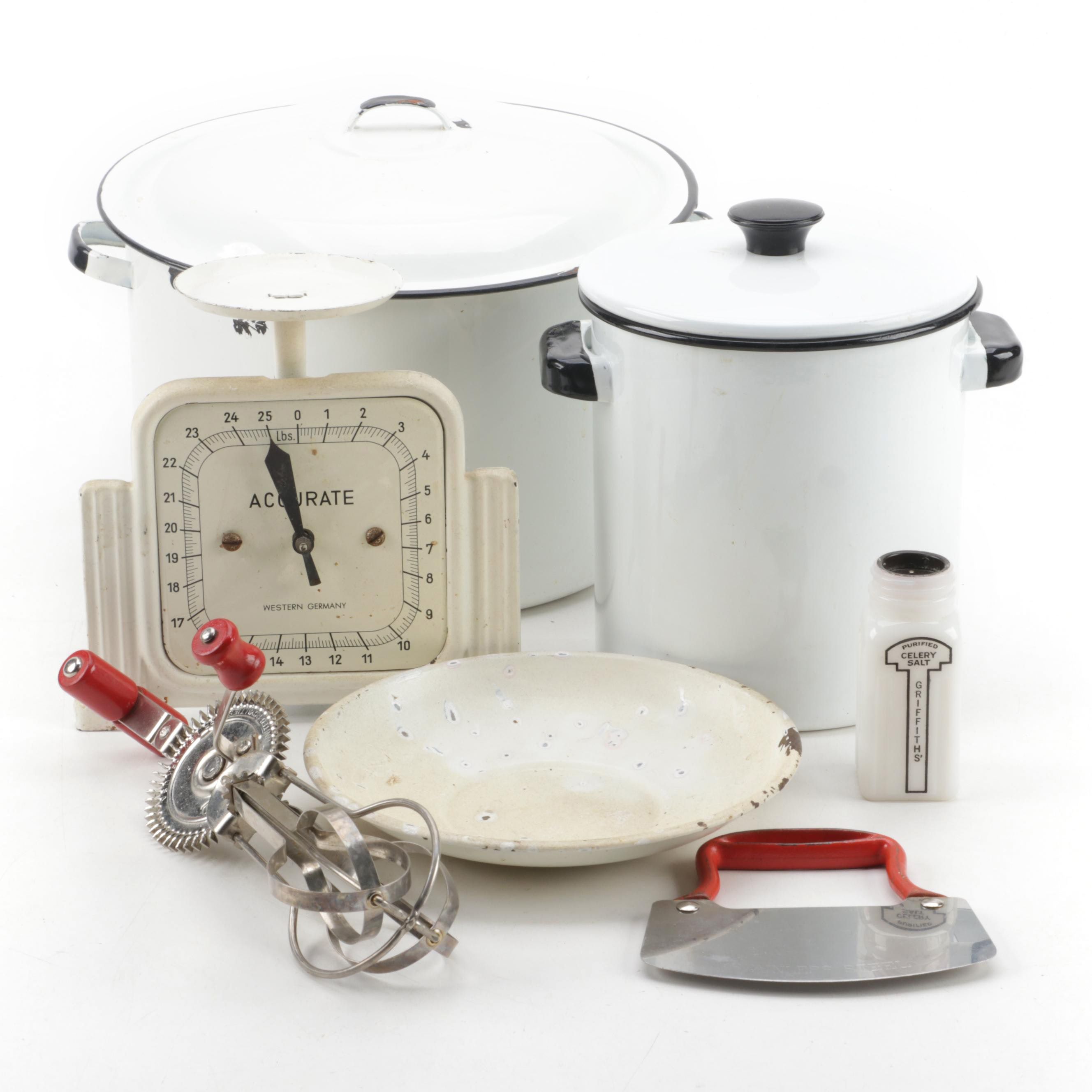 Enameled Metal Pots, Scale, Plate, Mixer and More