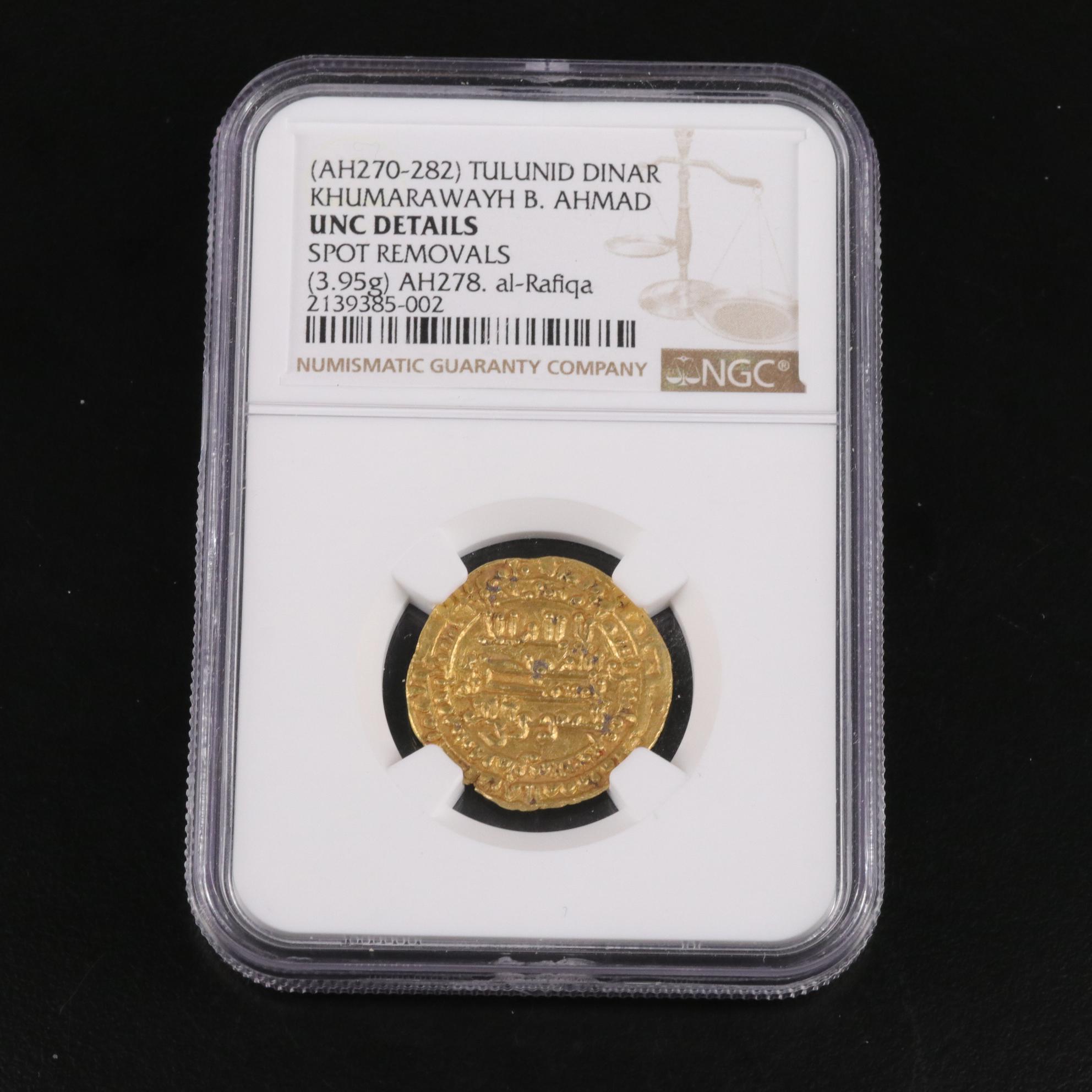 NGC Graded UNC Details Tulunid Gold Dinar Coin, ca. AH278
