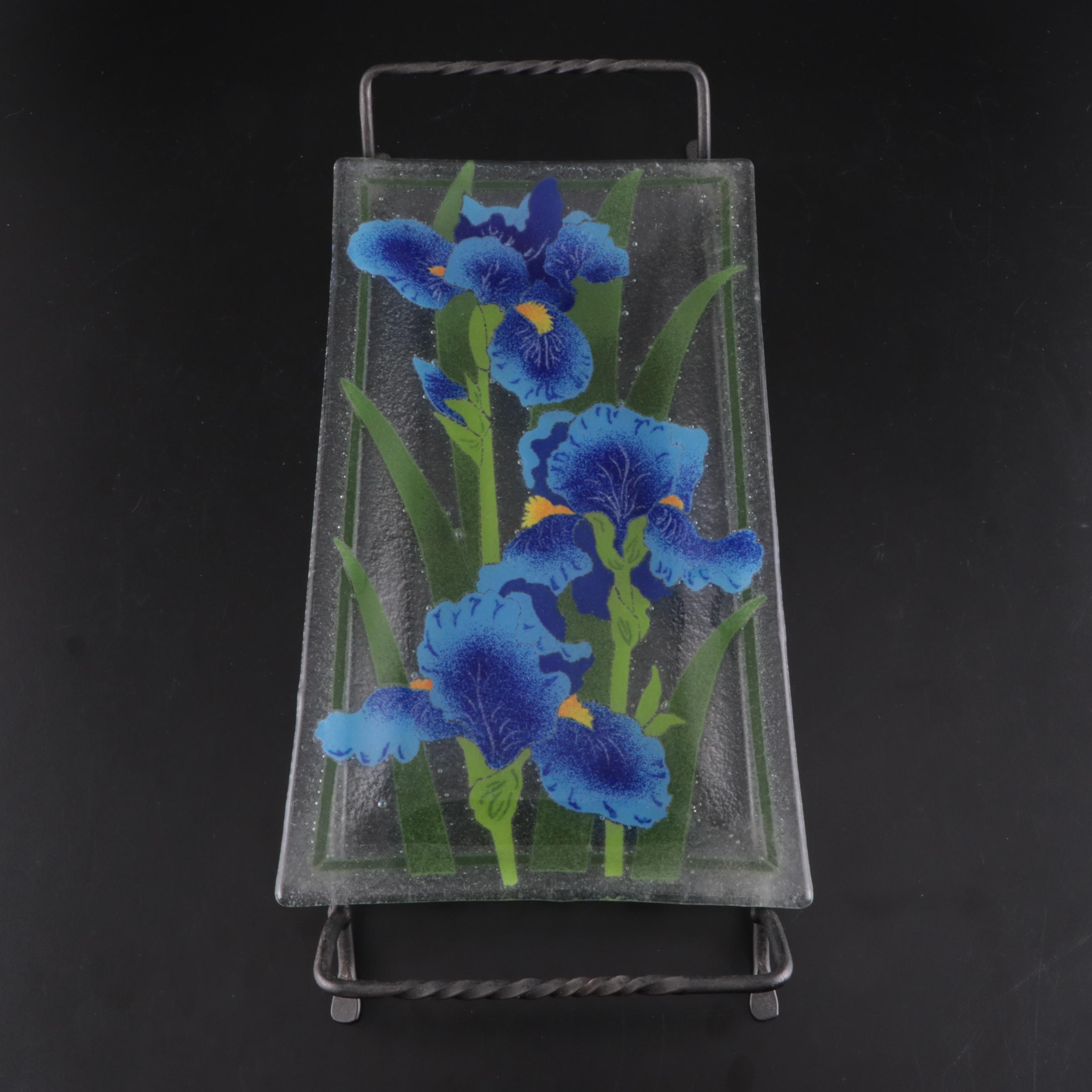 Iris Motif Fused Glass Serving Platter with Metal Stand