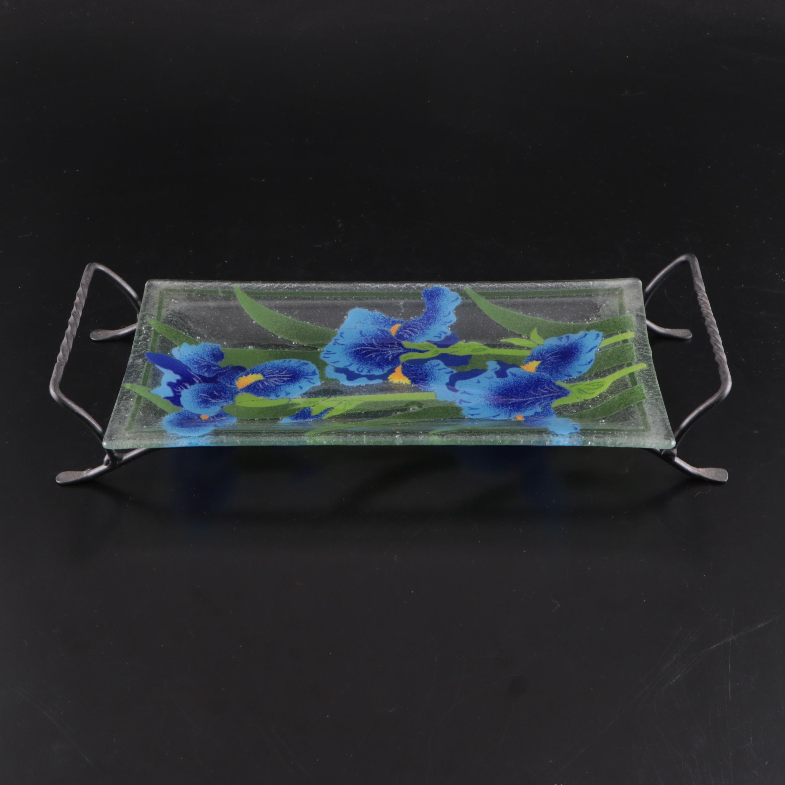 Iris Motif Fused Glass Serving Platter with Metal Stand